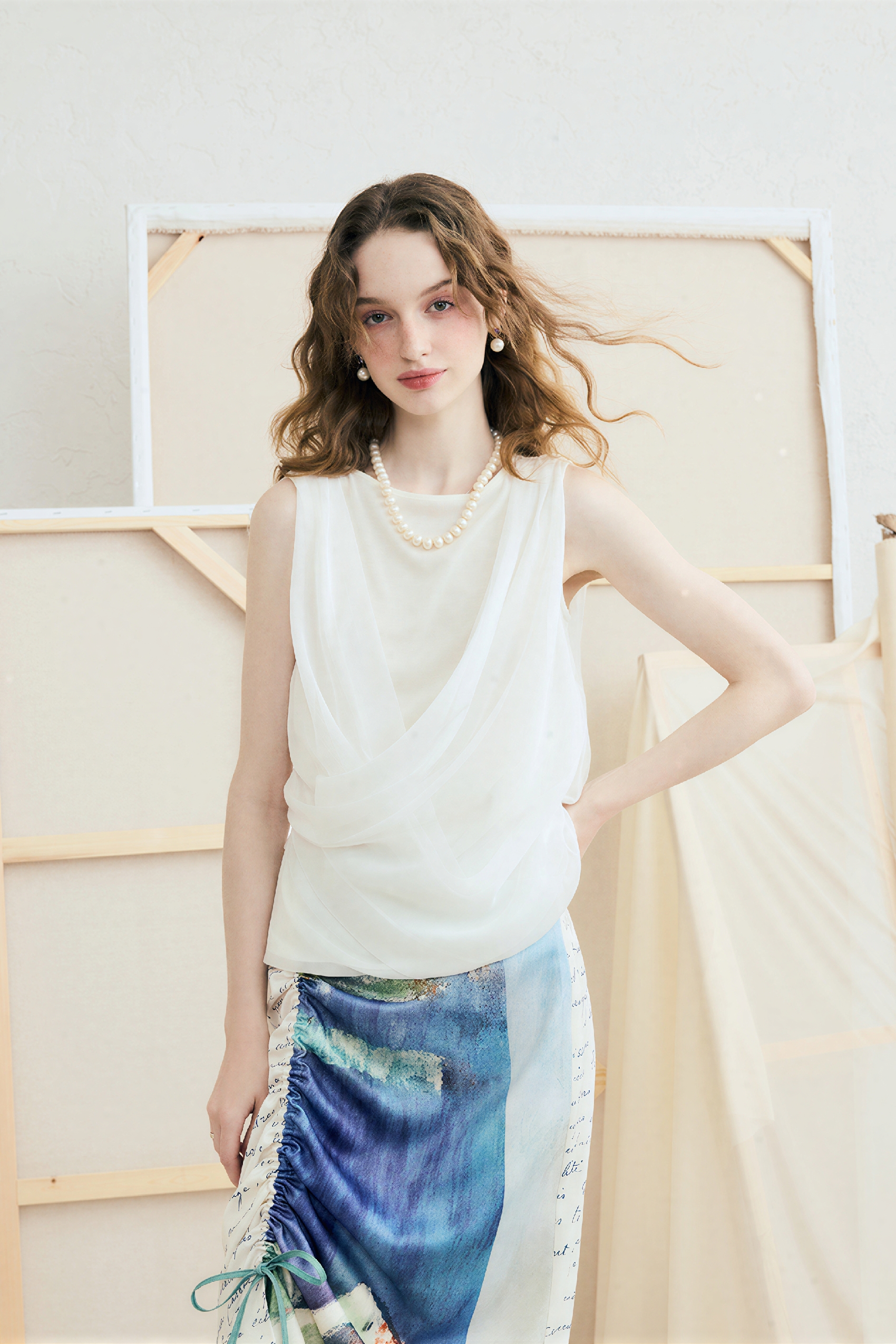 White Draped Chiffon Cami Top