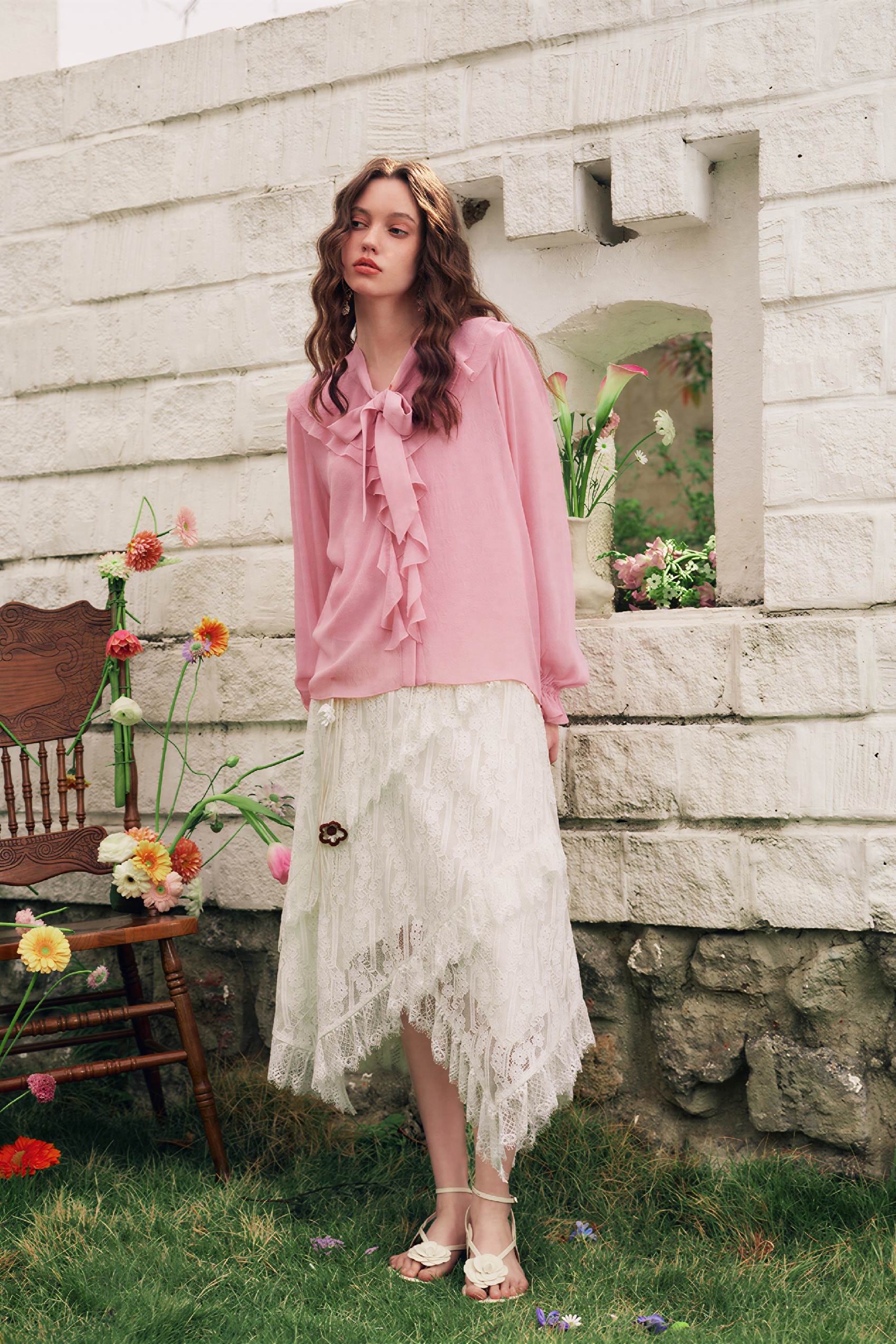 White French Ruffle Chiffon Blouse-LYONSENS