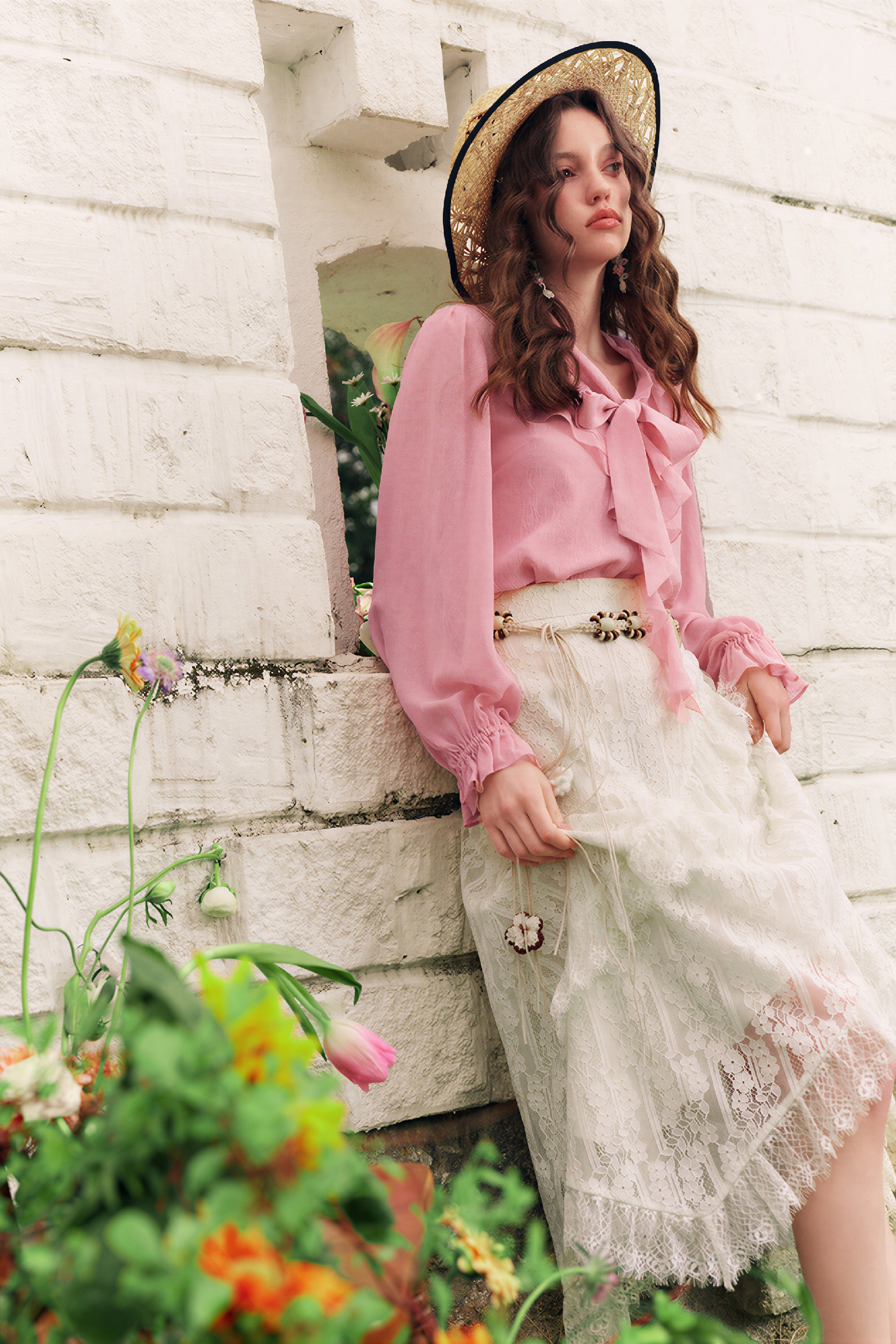 White French Ruffle Chiffon Blouse-LYONSENS