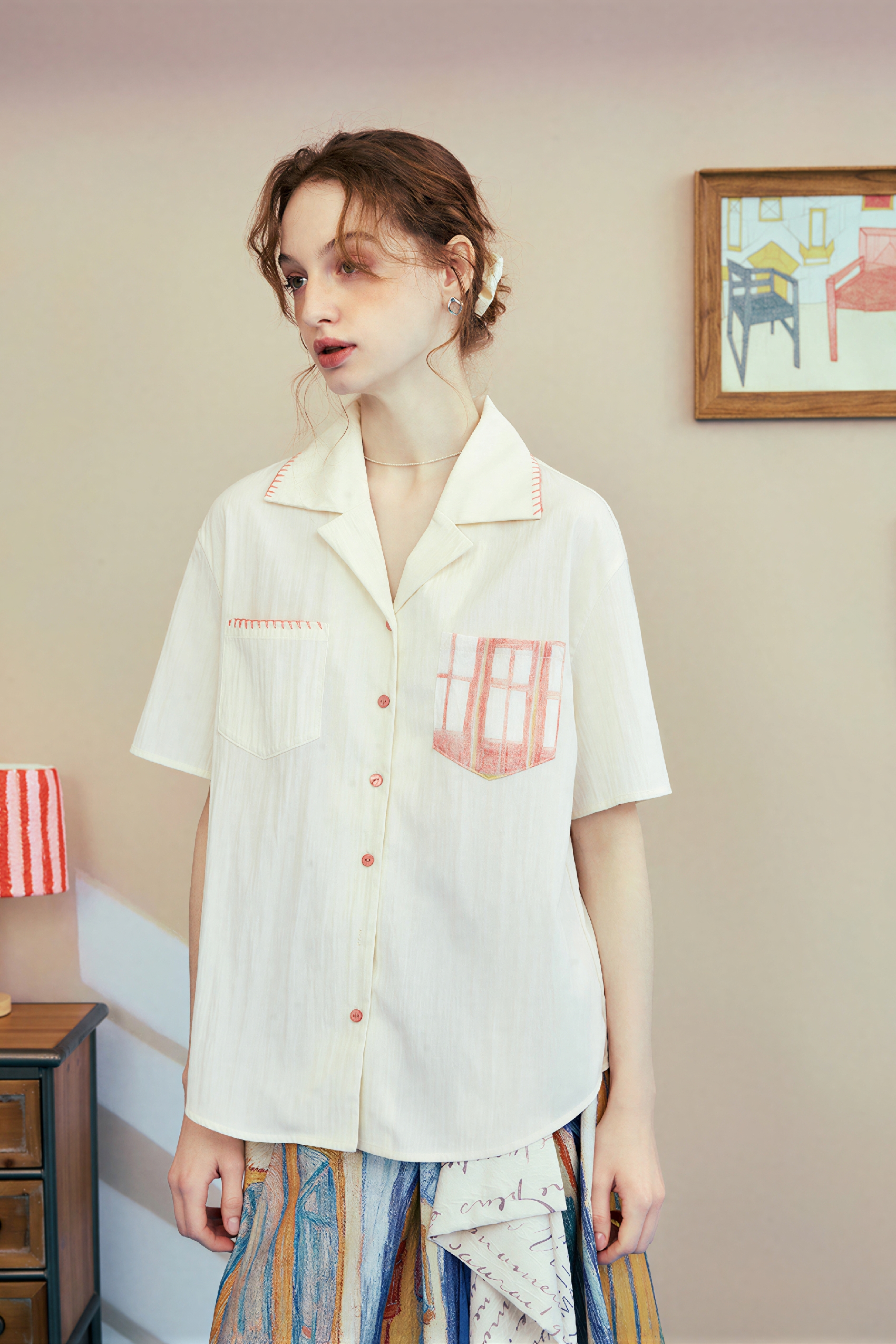 White Vintage Printed Collar Shirt