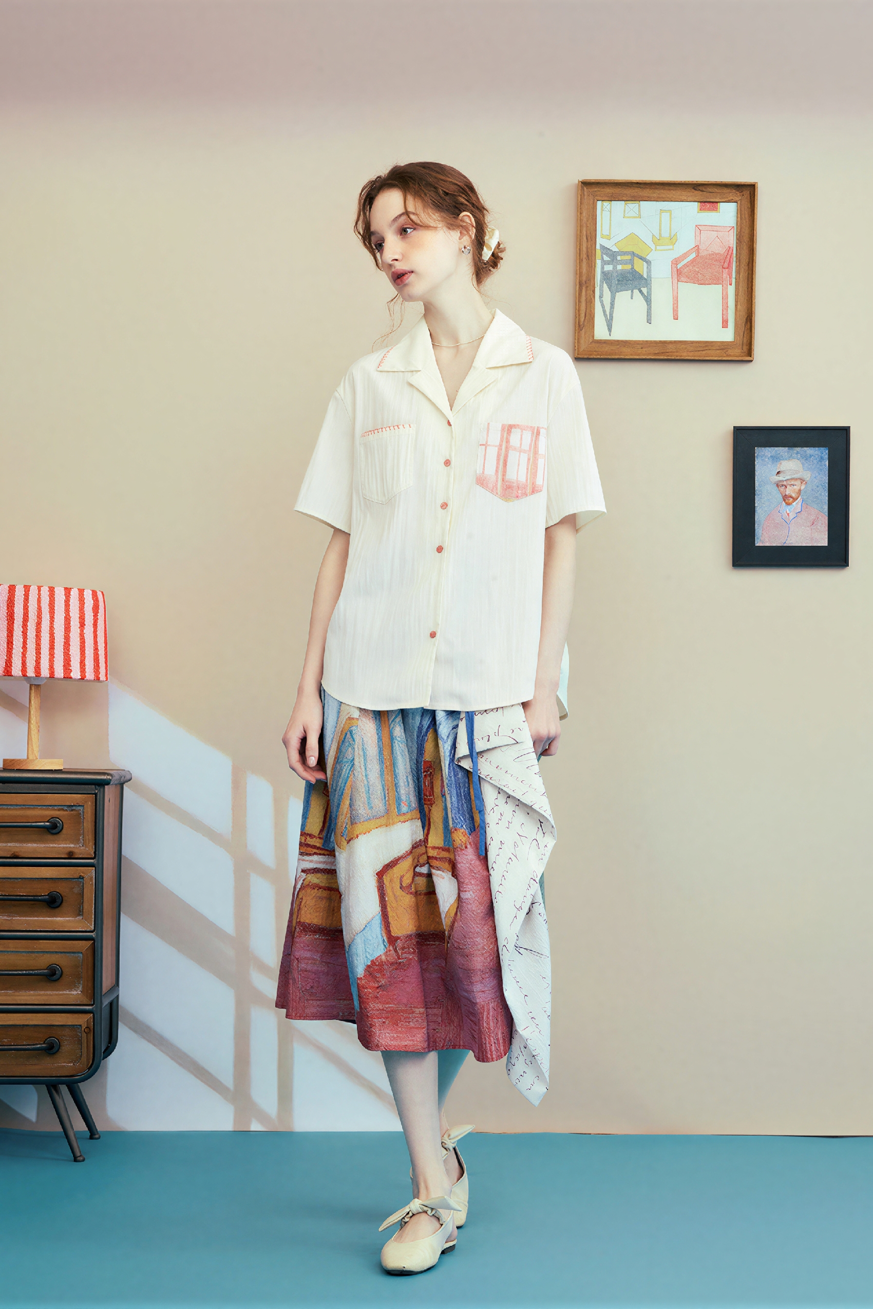 White Vintage Printed Collar Shirt