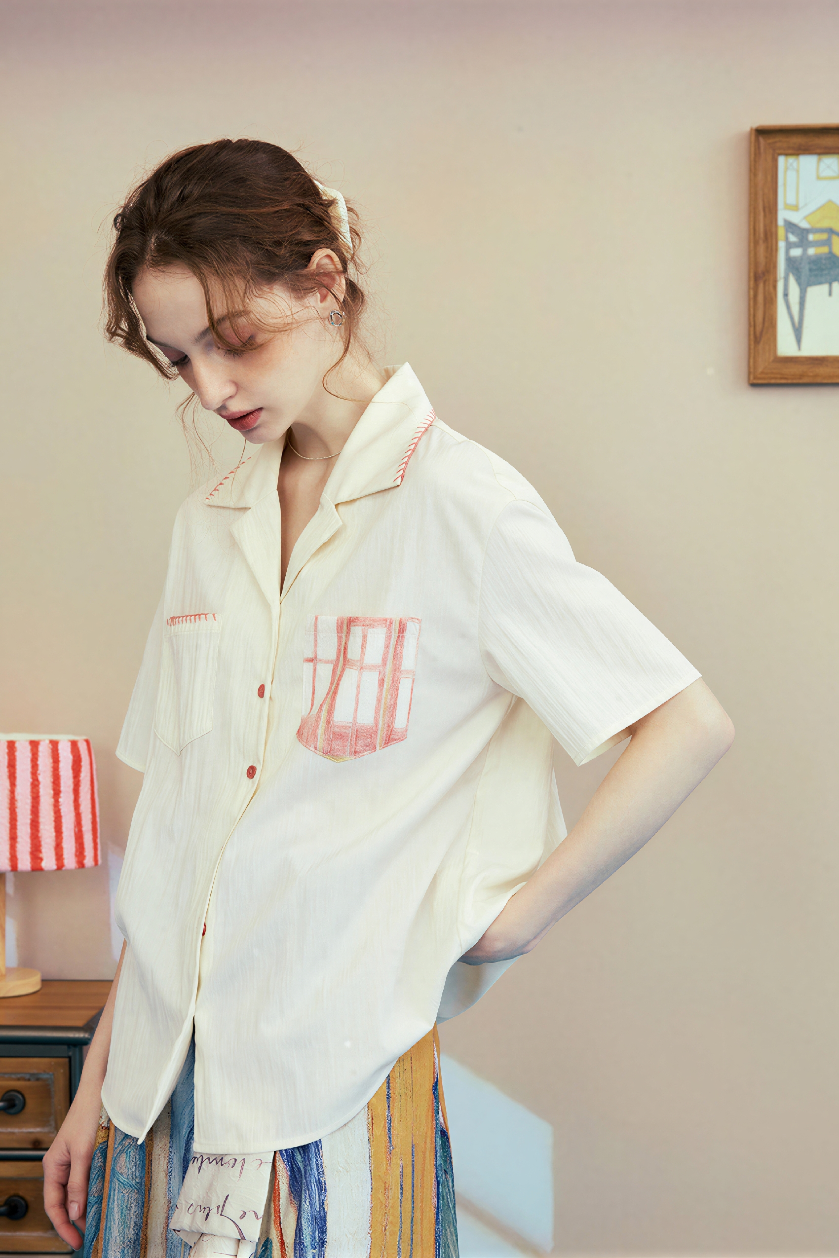 White Vintage Printed Collar Shirt