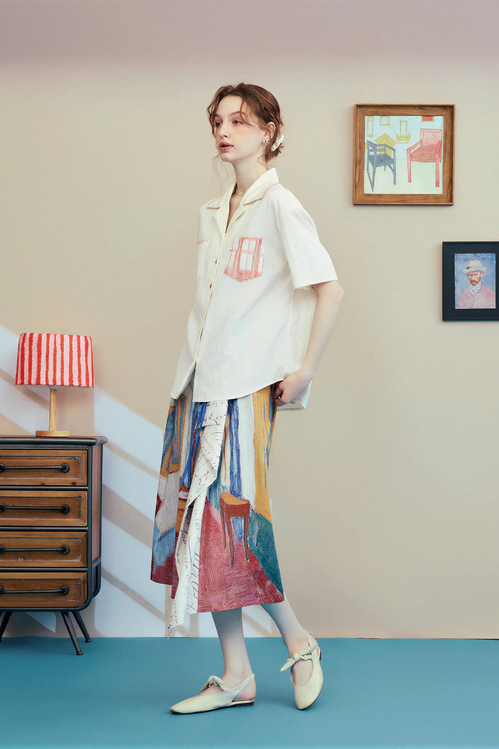White Vintage Printed Collar Shirt
