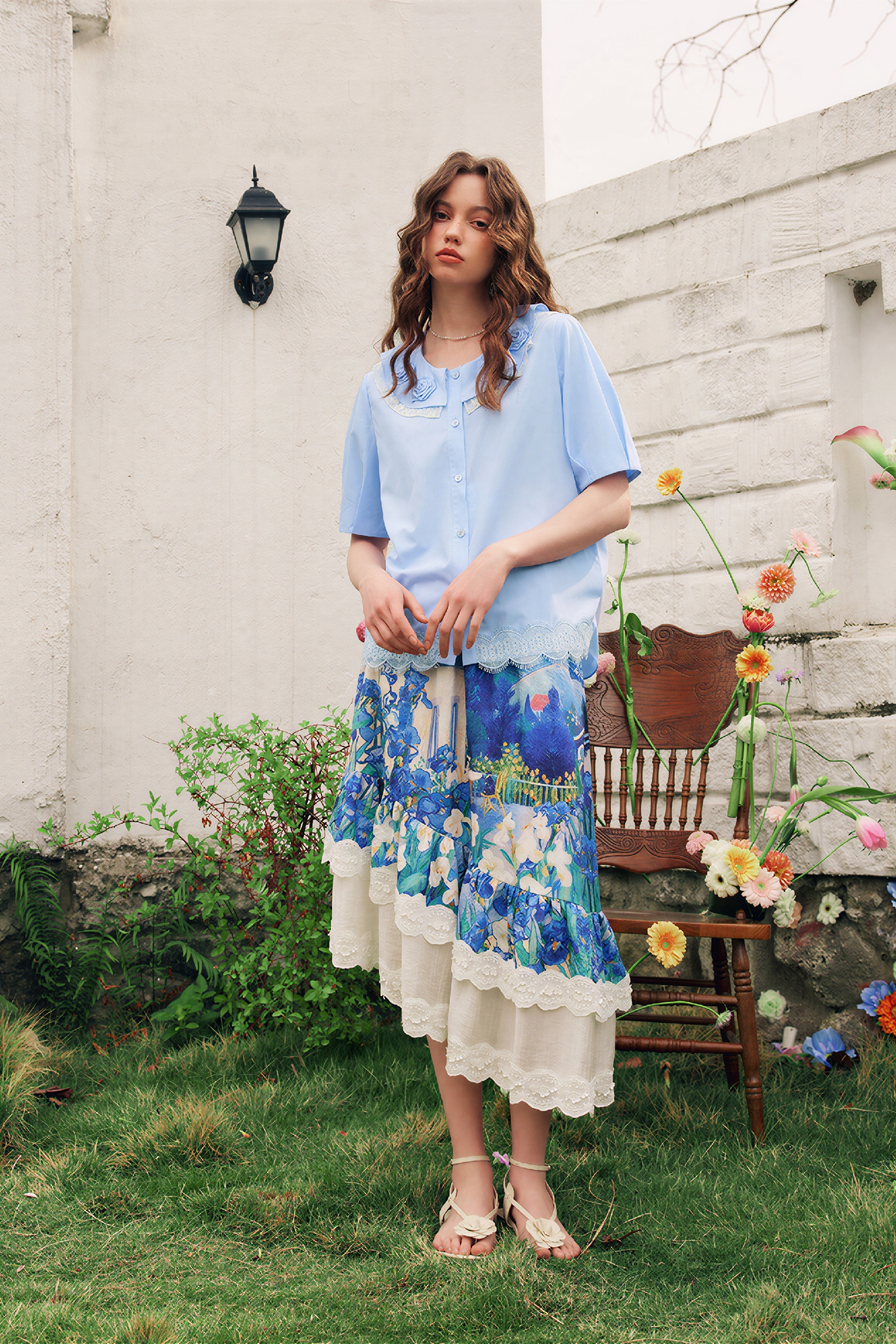 French Lace Patchwork Short-Sleeve Shirt