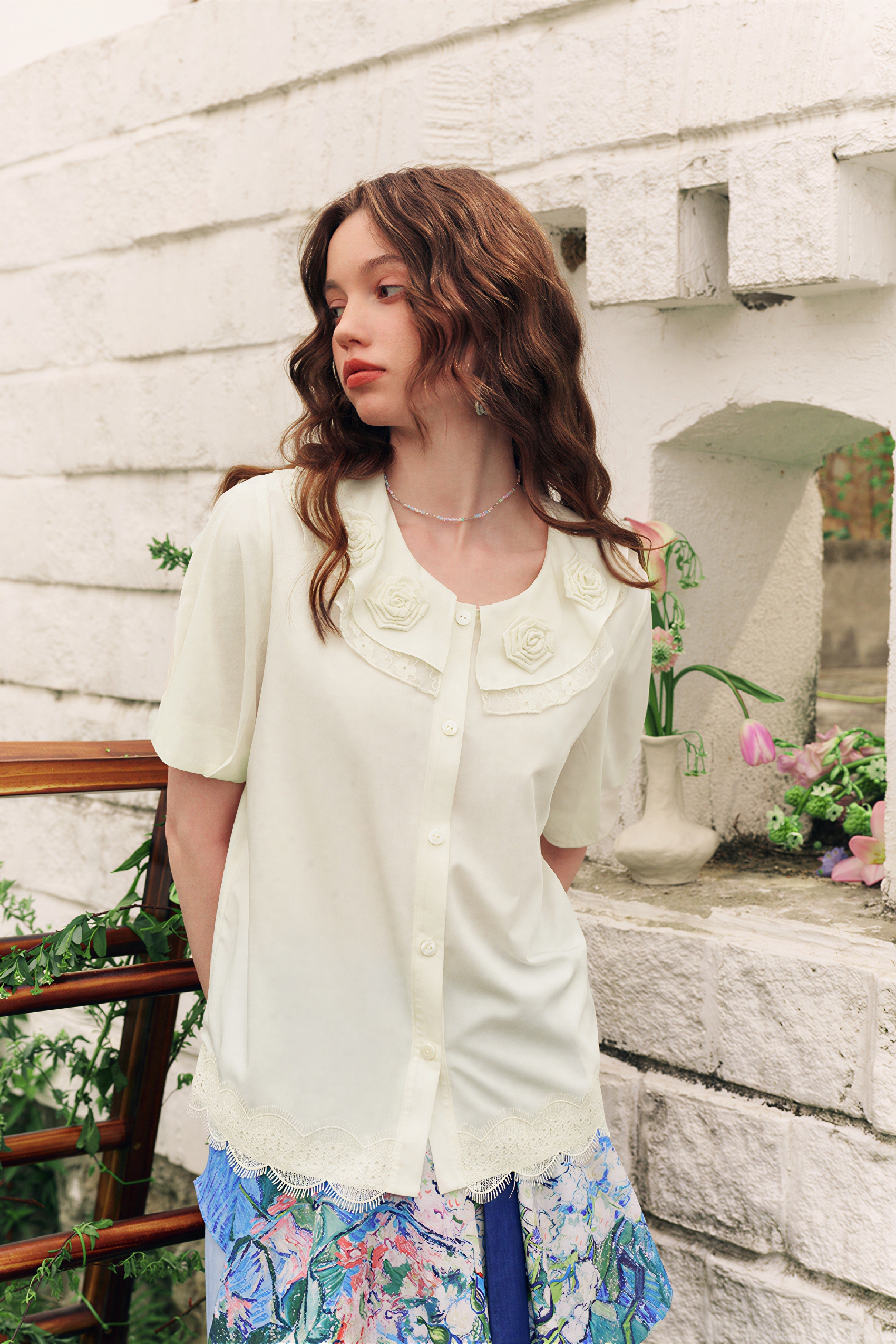 French Lace Patchwork Short-Sleeve Shirt