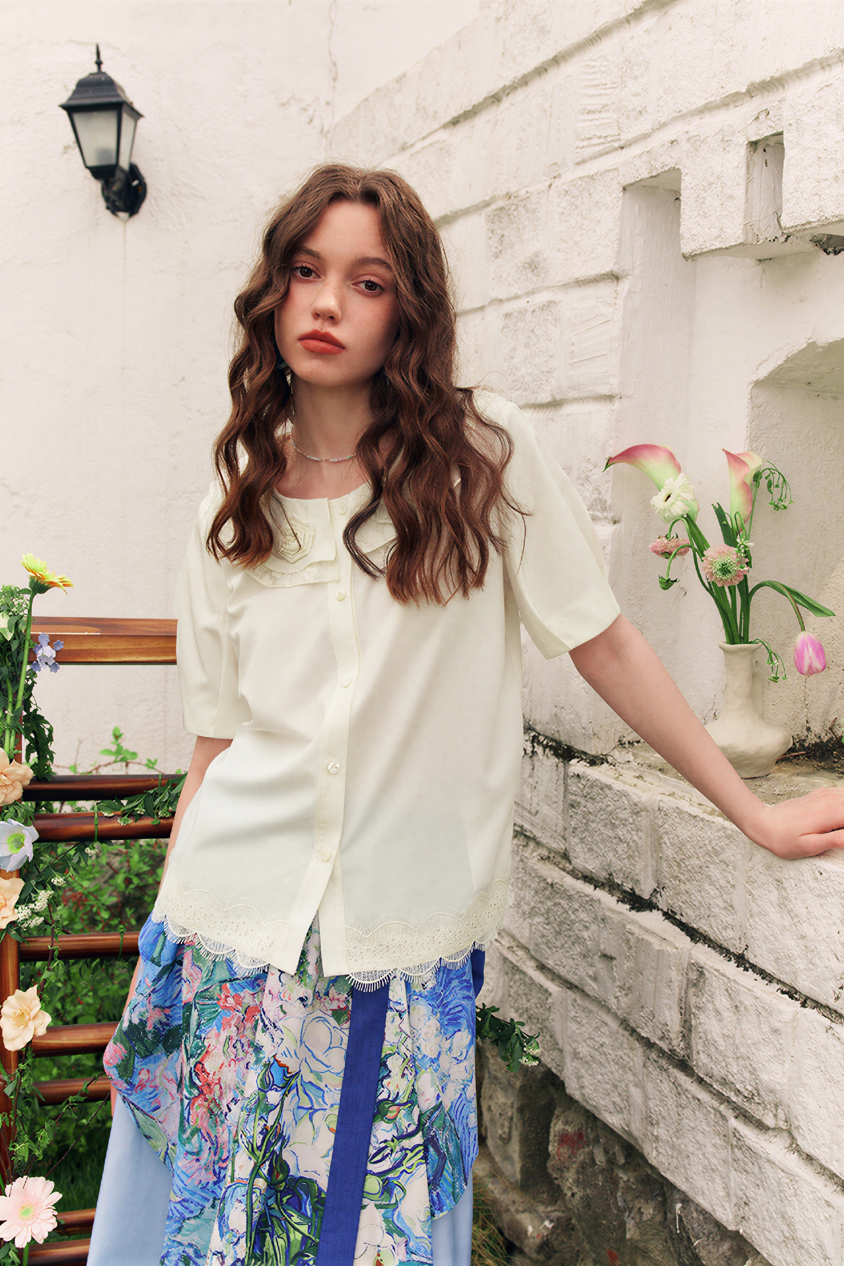 French Lace Patchwork Short-Sleeve Shirt