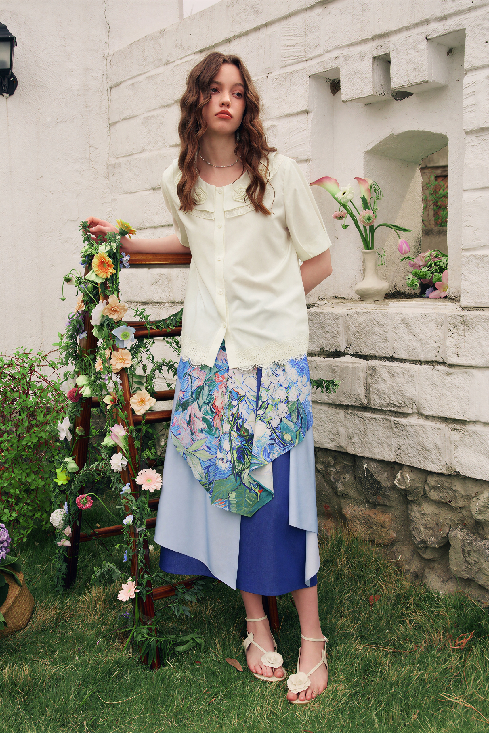 French Lace Patchwork Short-Sleeve Shirt