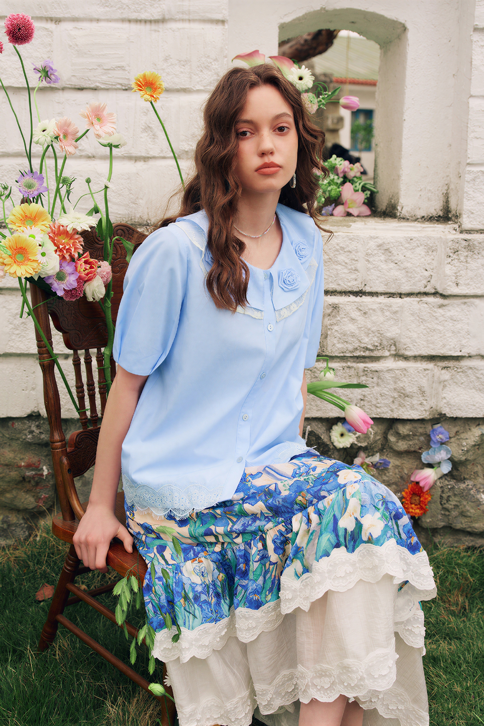 French Lace Patchwork Short-Sleeve Shirt