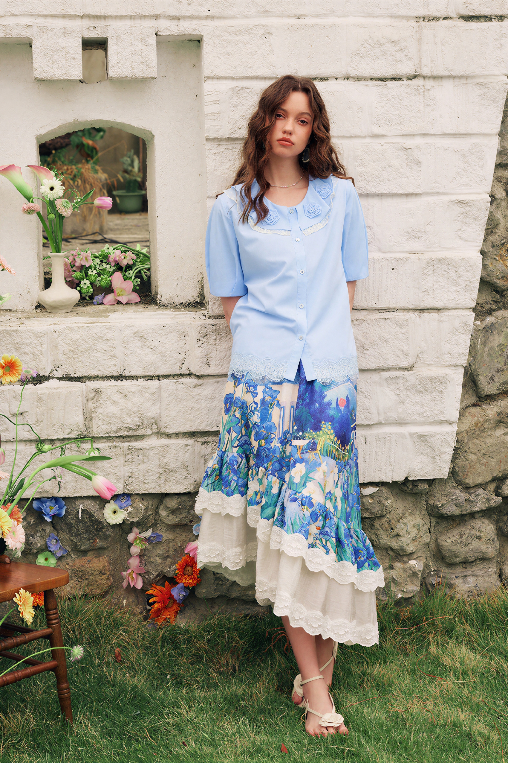 French Lace Patchwork Short-Sleeve Shirt