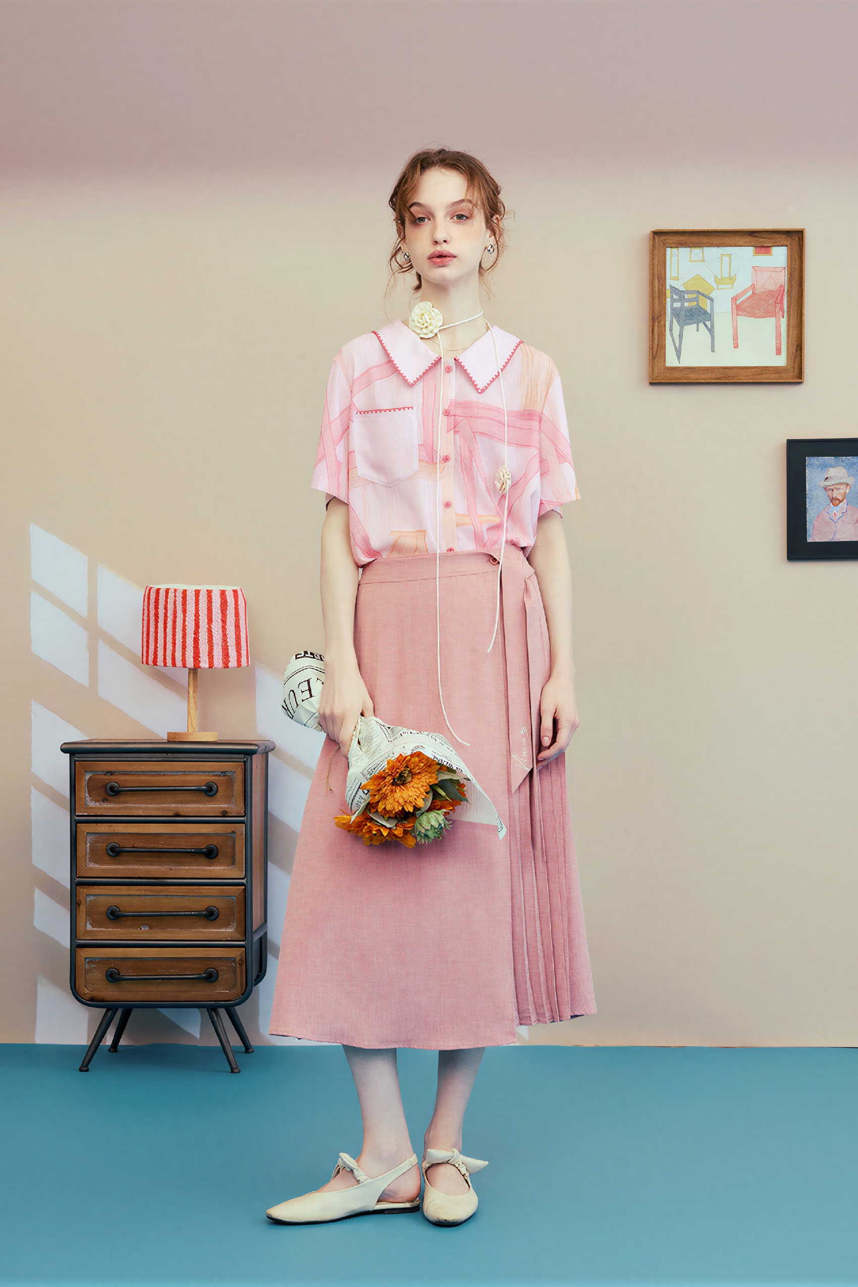 Pink Printed Collar Short-Sleeve Shirt