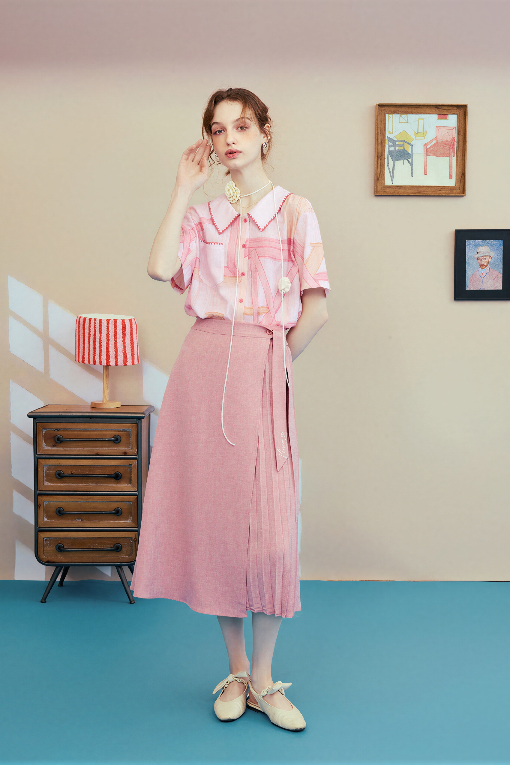 Pink Printed Collar Short-Sleeve Shirt