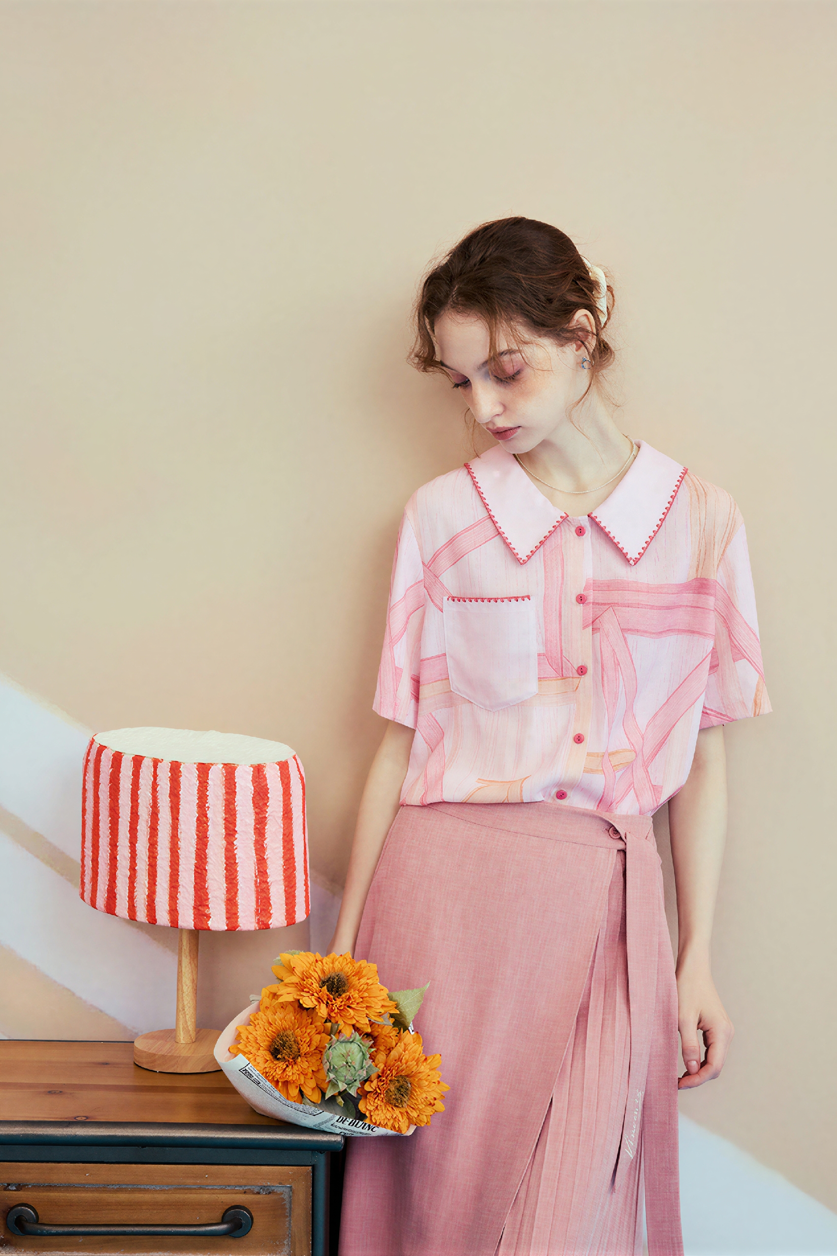 Pink Printed Collar Short-Sleeve Shirt