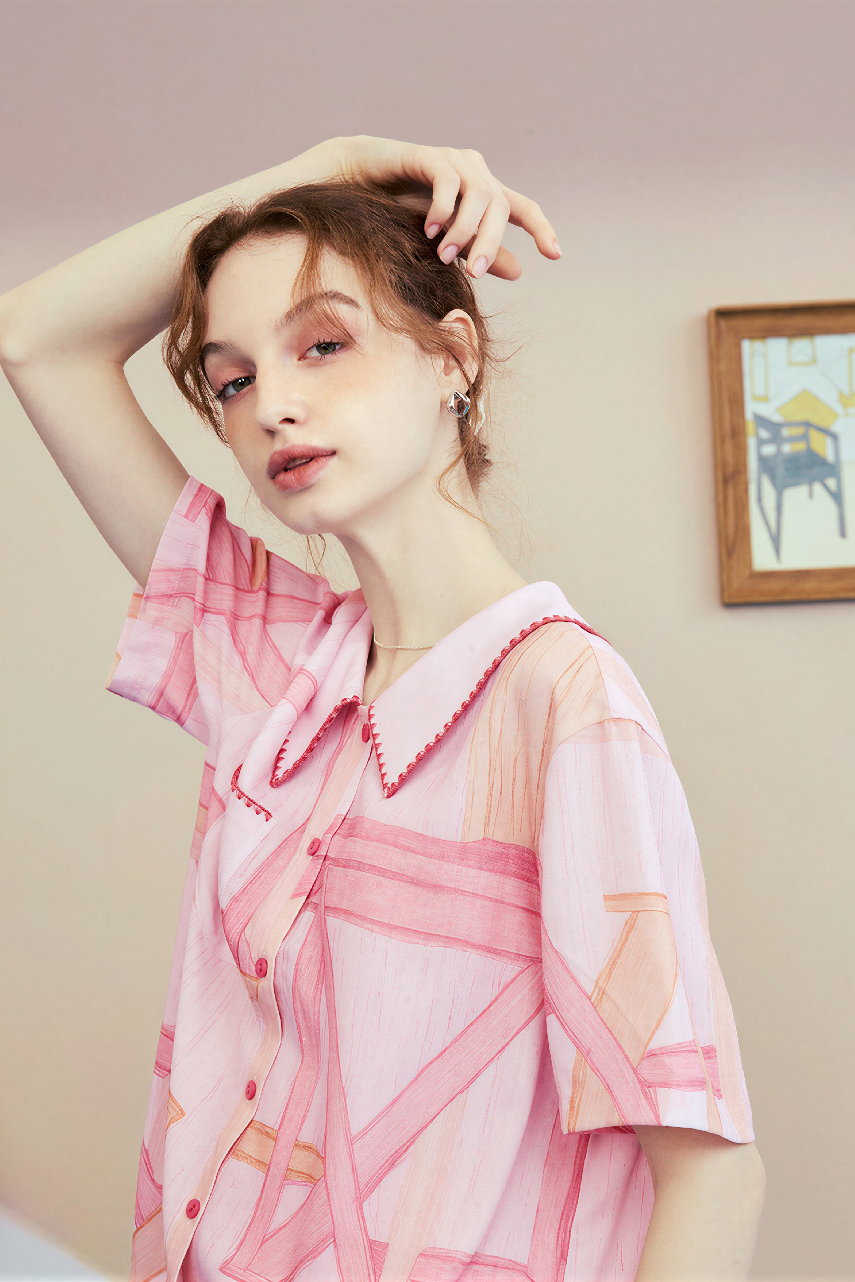Pink Printed Collar Short-Sleeve Shirt