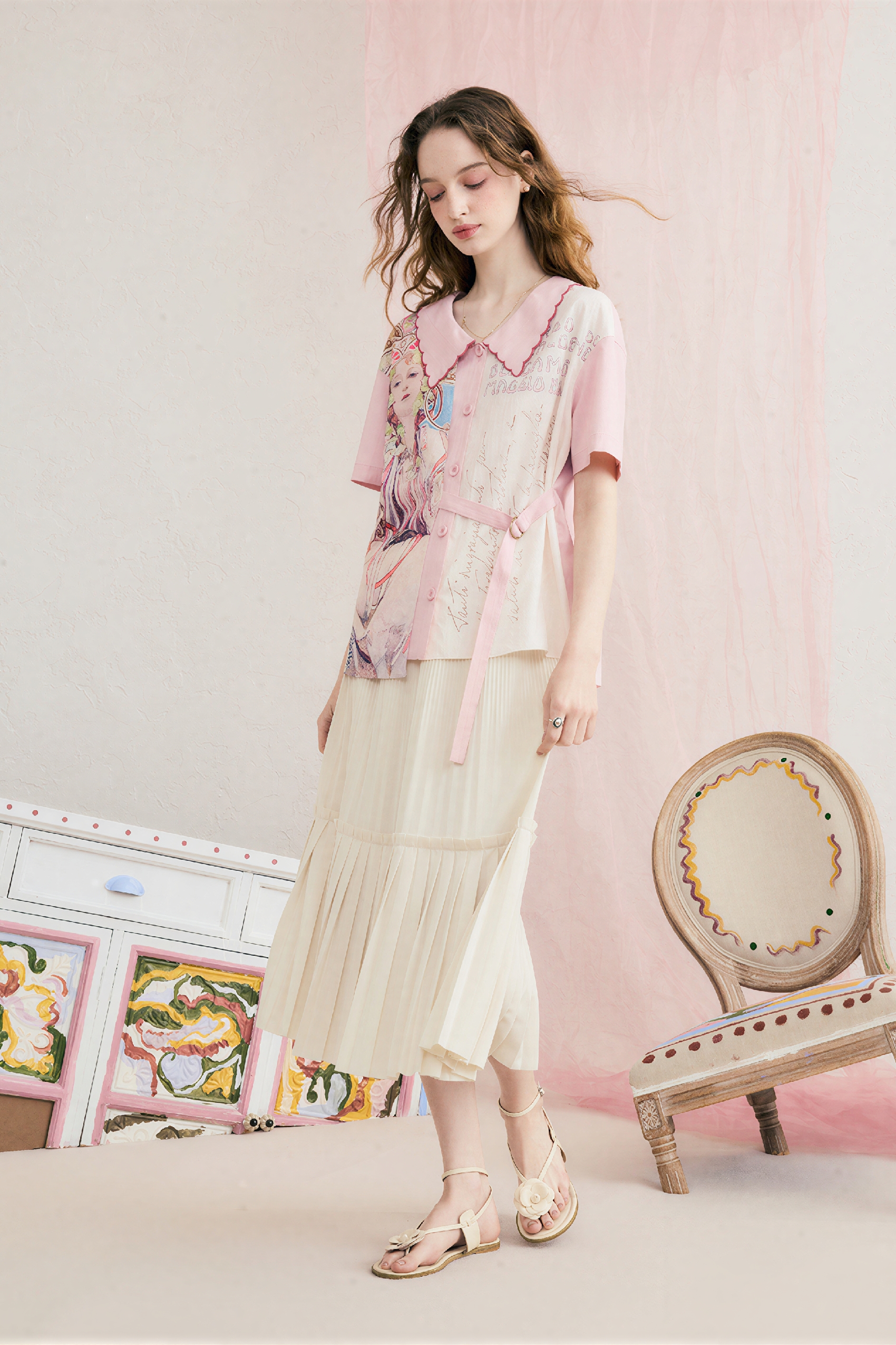 Printed Patchwork Embroidered Collared Shirt