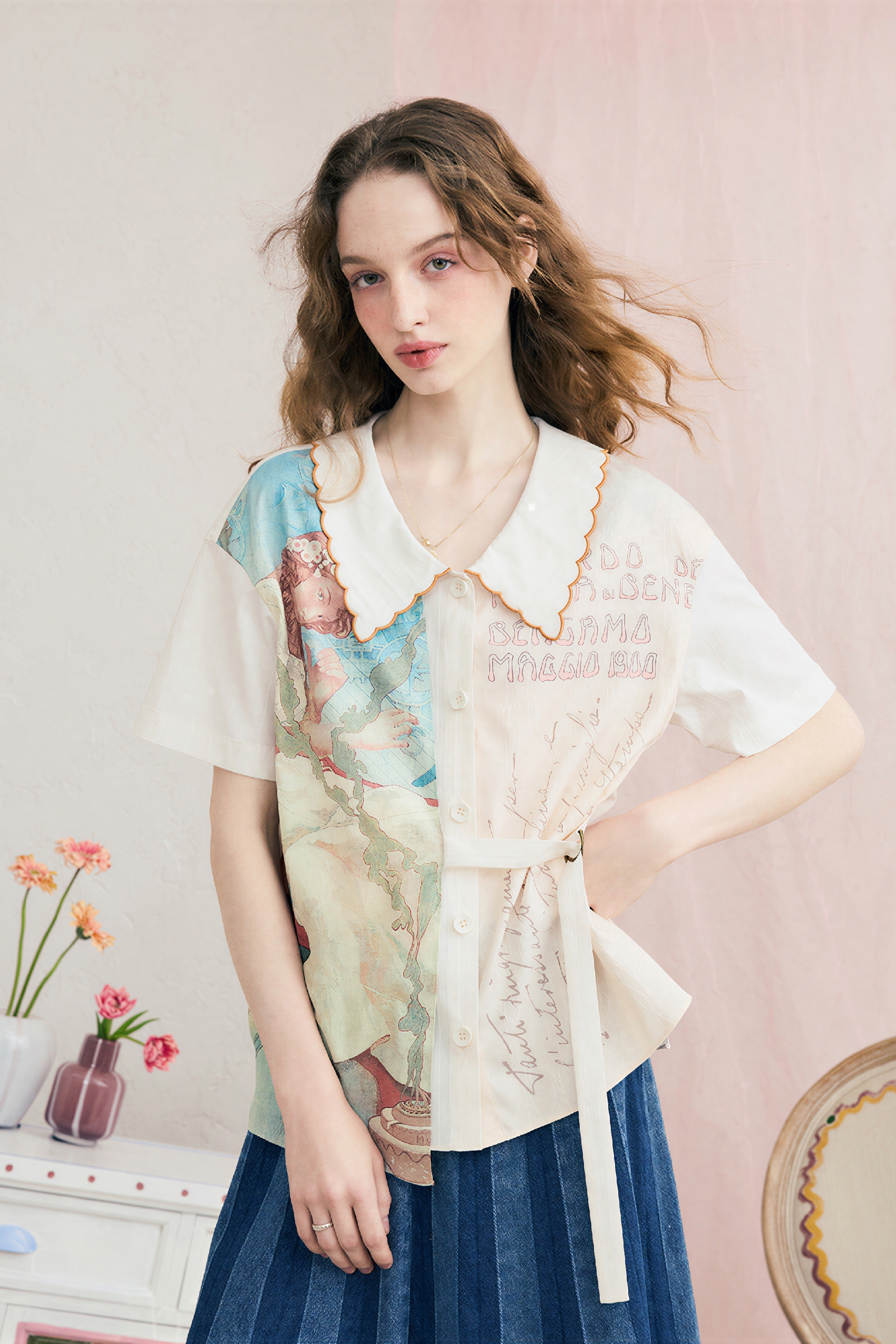Printed Patchwork Embroidered Collared Shirt