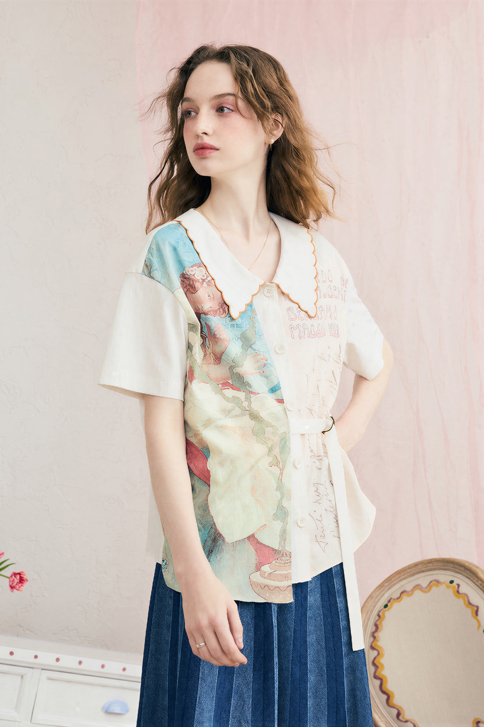 Printed Patchwork Embroidered Collared Shirt