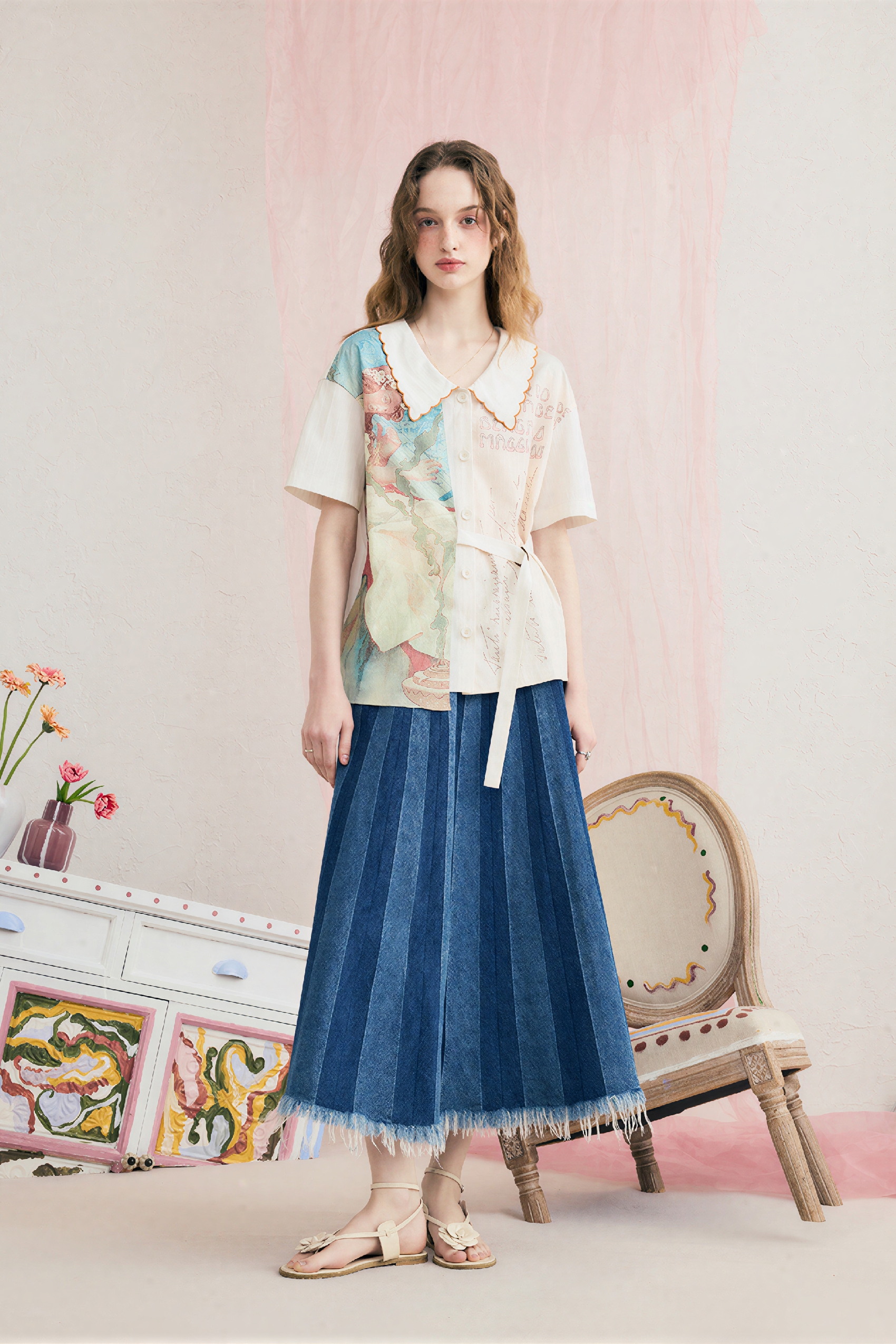 Printed Patchwork Embroidered Collared Shirt