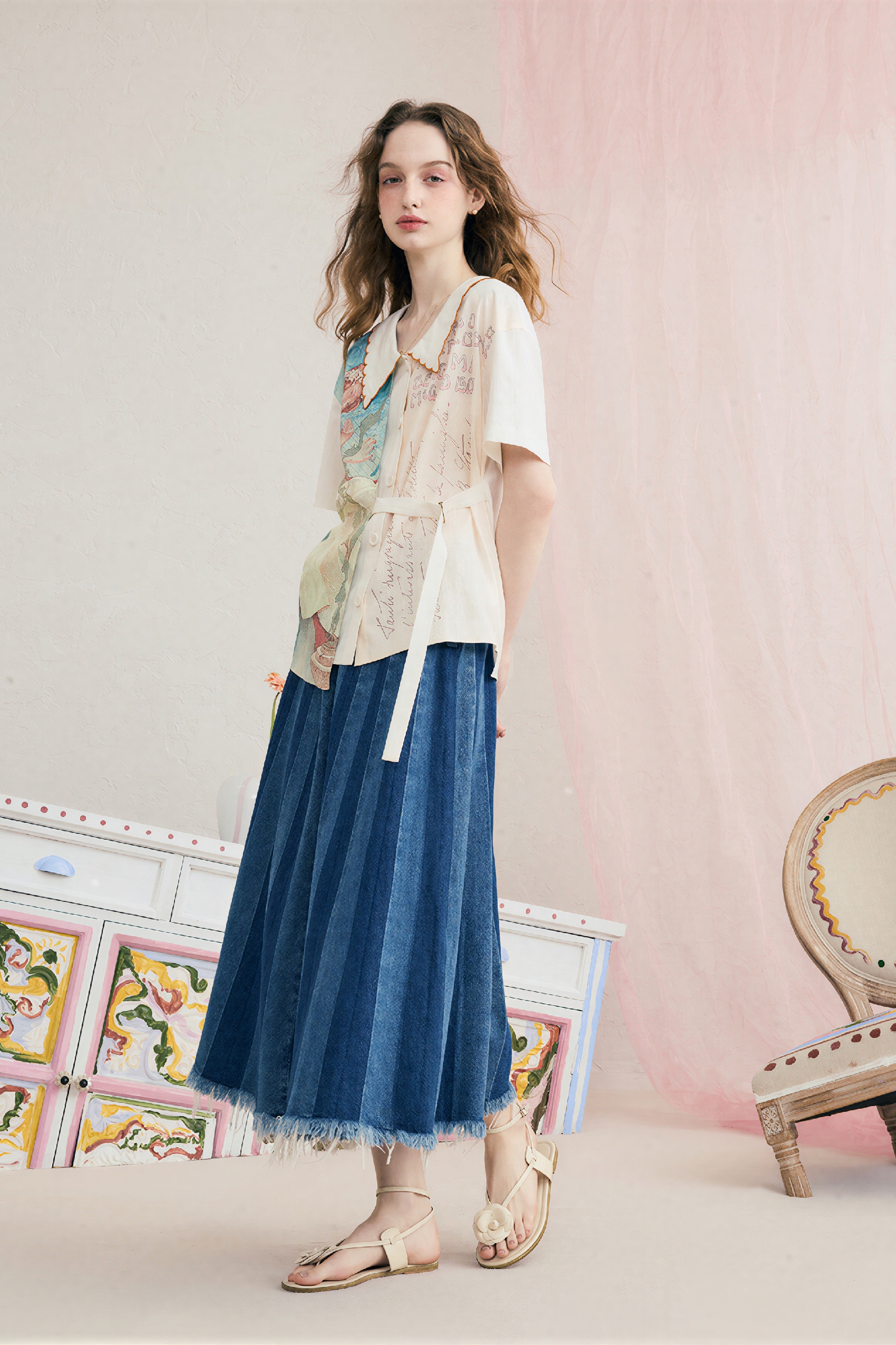 Printed Patchwork Embroidered Collared Shirt