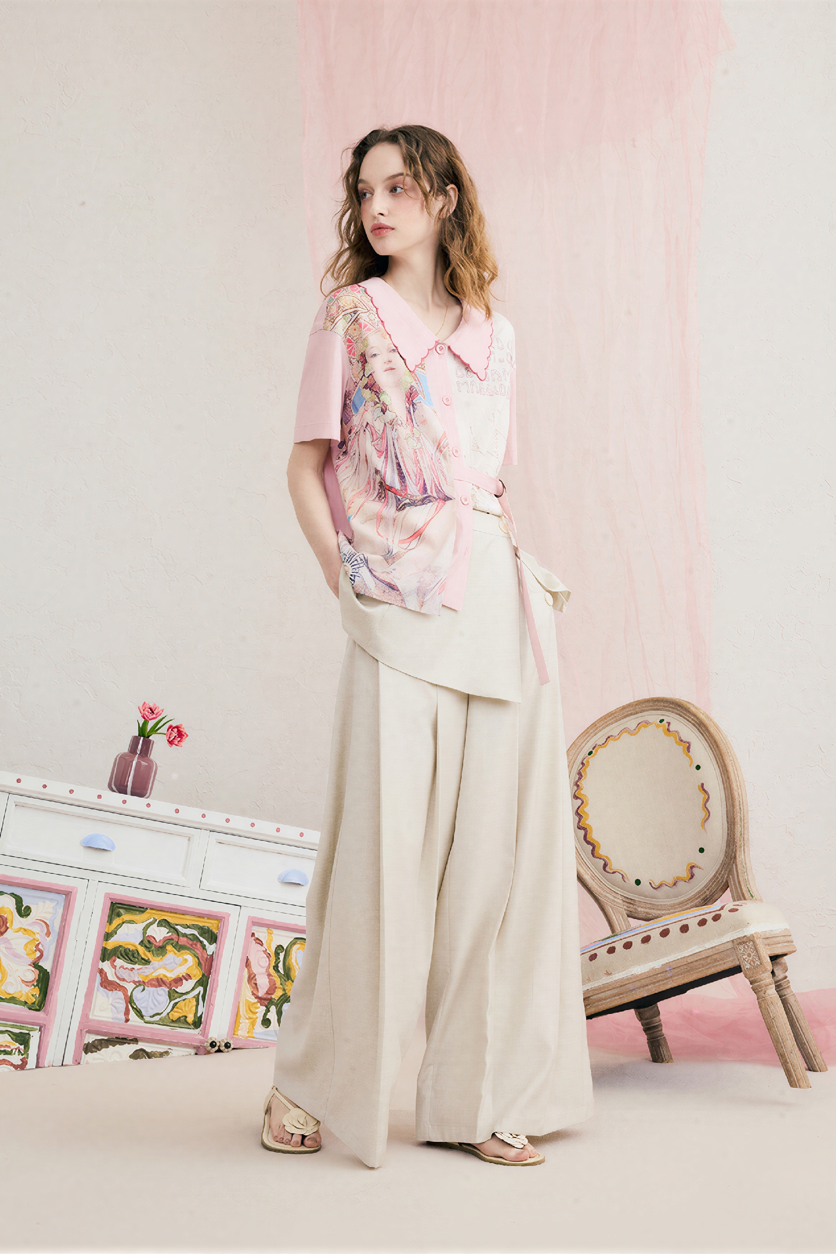 Printed Patchwork Embroidered Collared Shirt