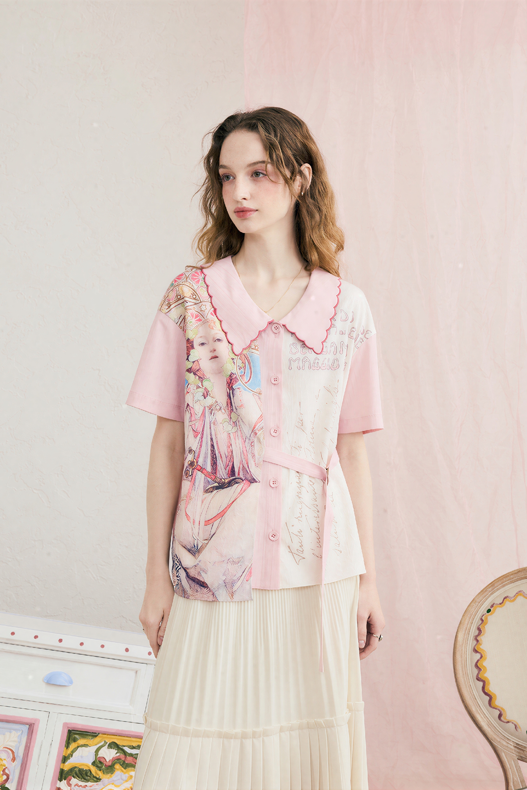 Printed Patchwork Embroidered Collared Shirt