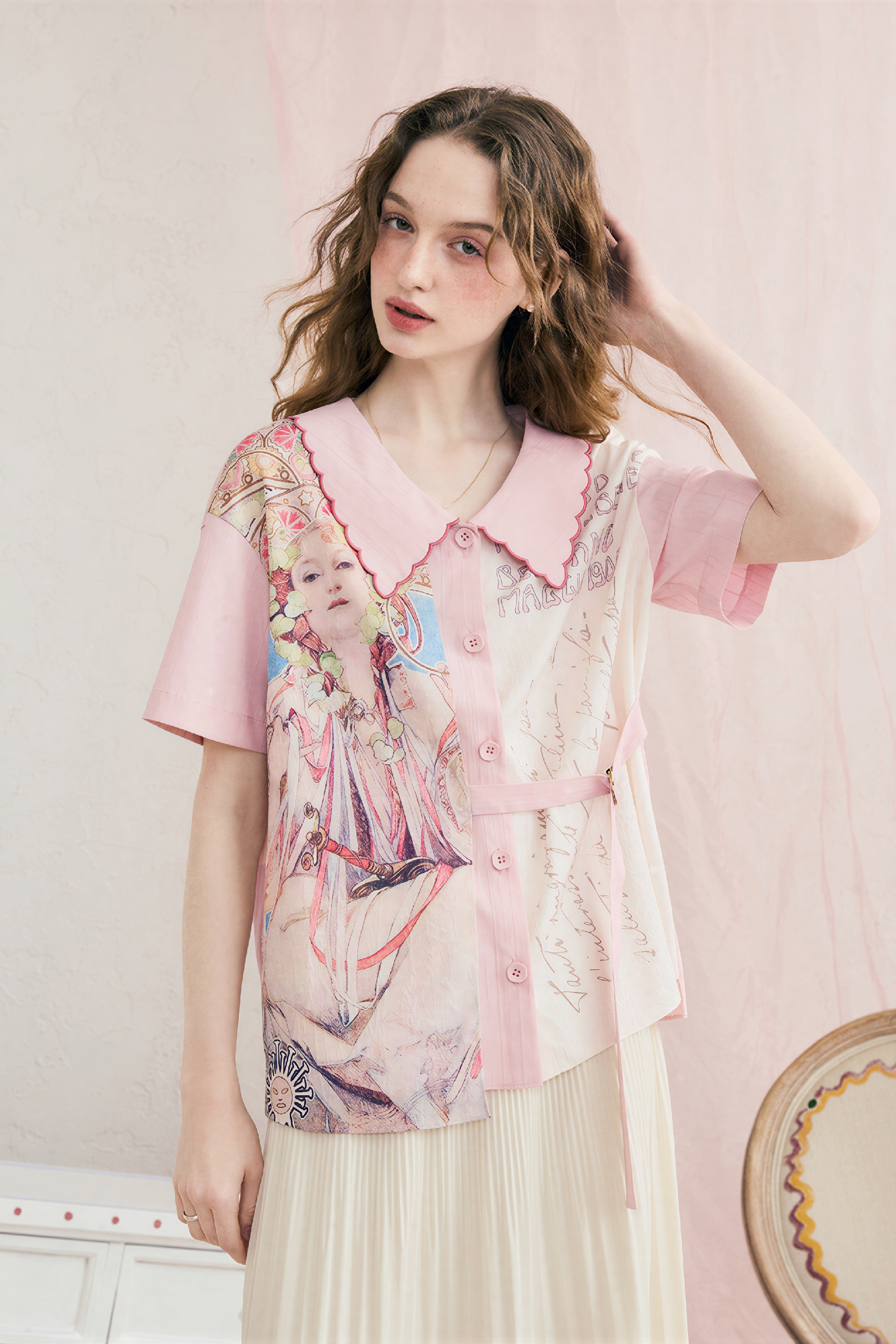 Printed Patchwork Embroidered Collared Shirt