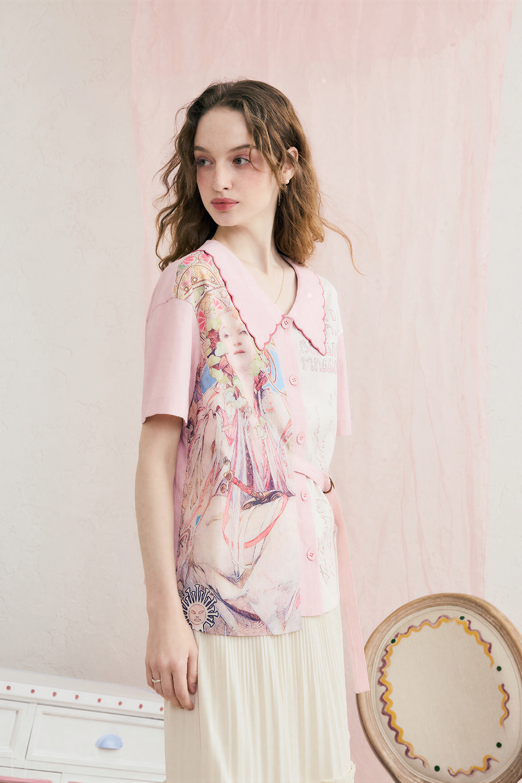 Printed Patchwork Embroidered Collared Shirt