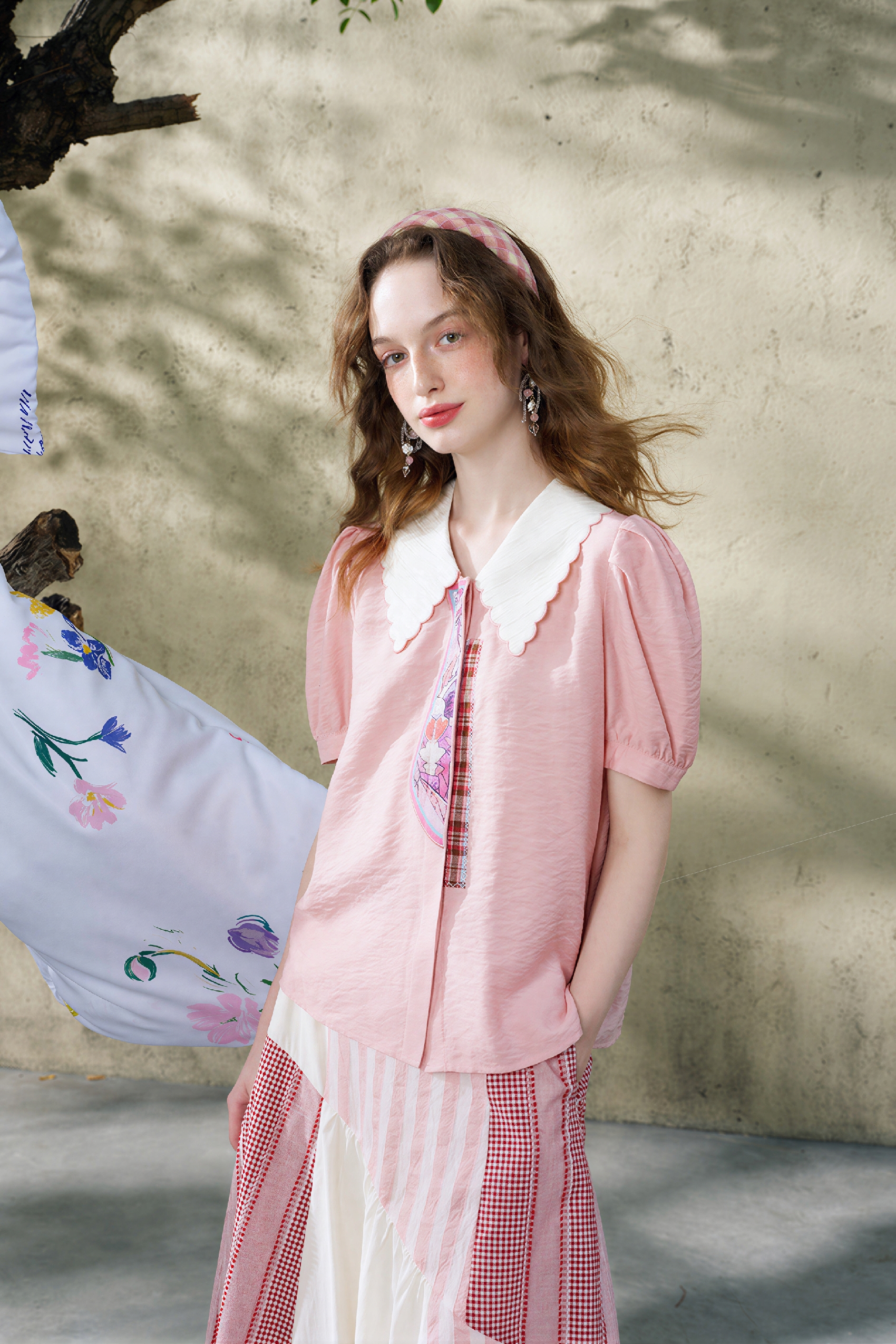 Sweet Printed Collar Puff-Sleeve Shirt