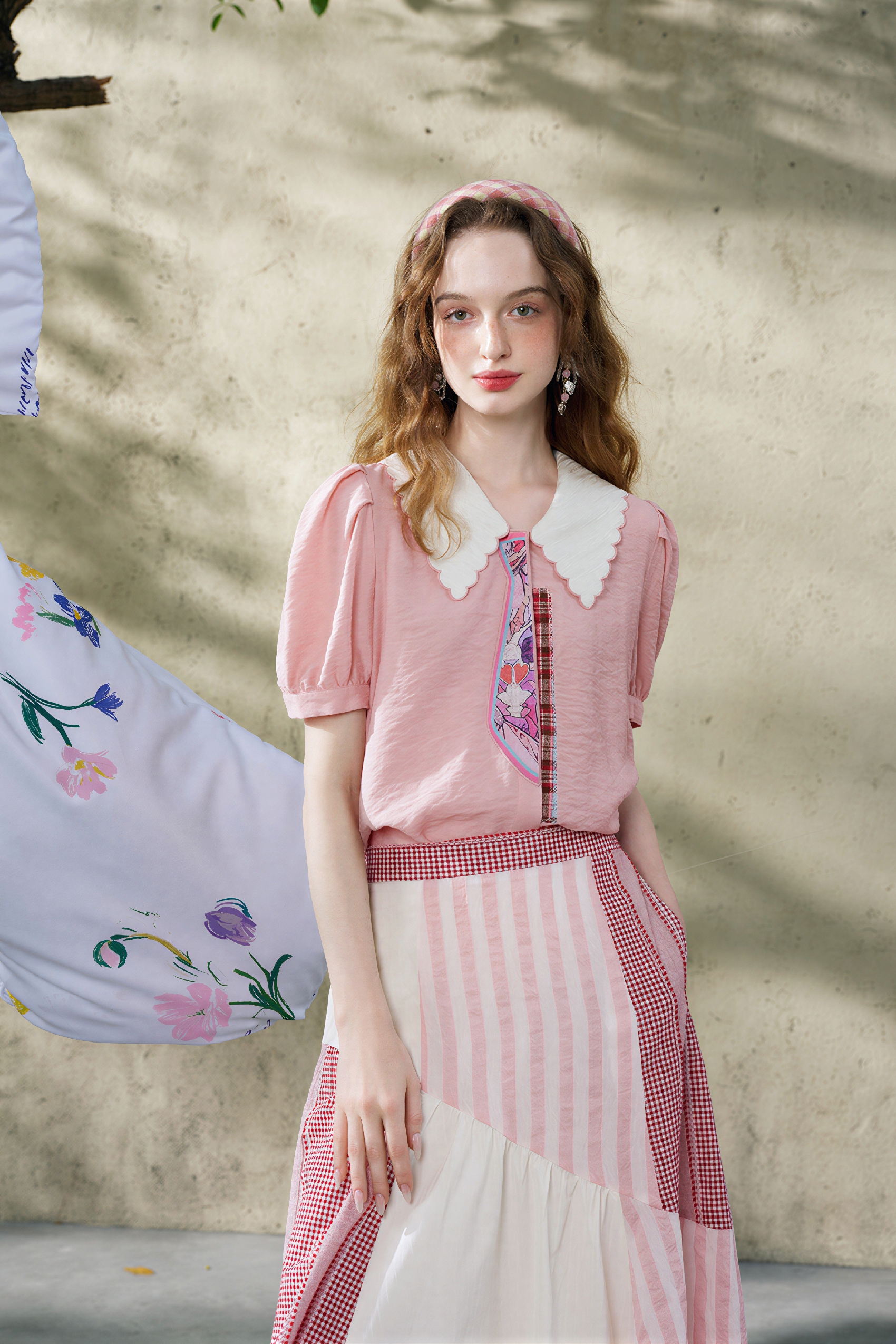 Sweet Printed Collar Puff-Sleeve Shirt