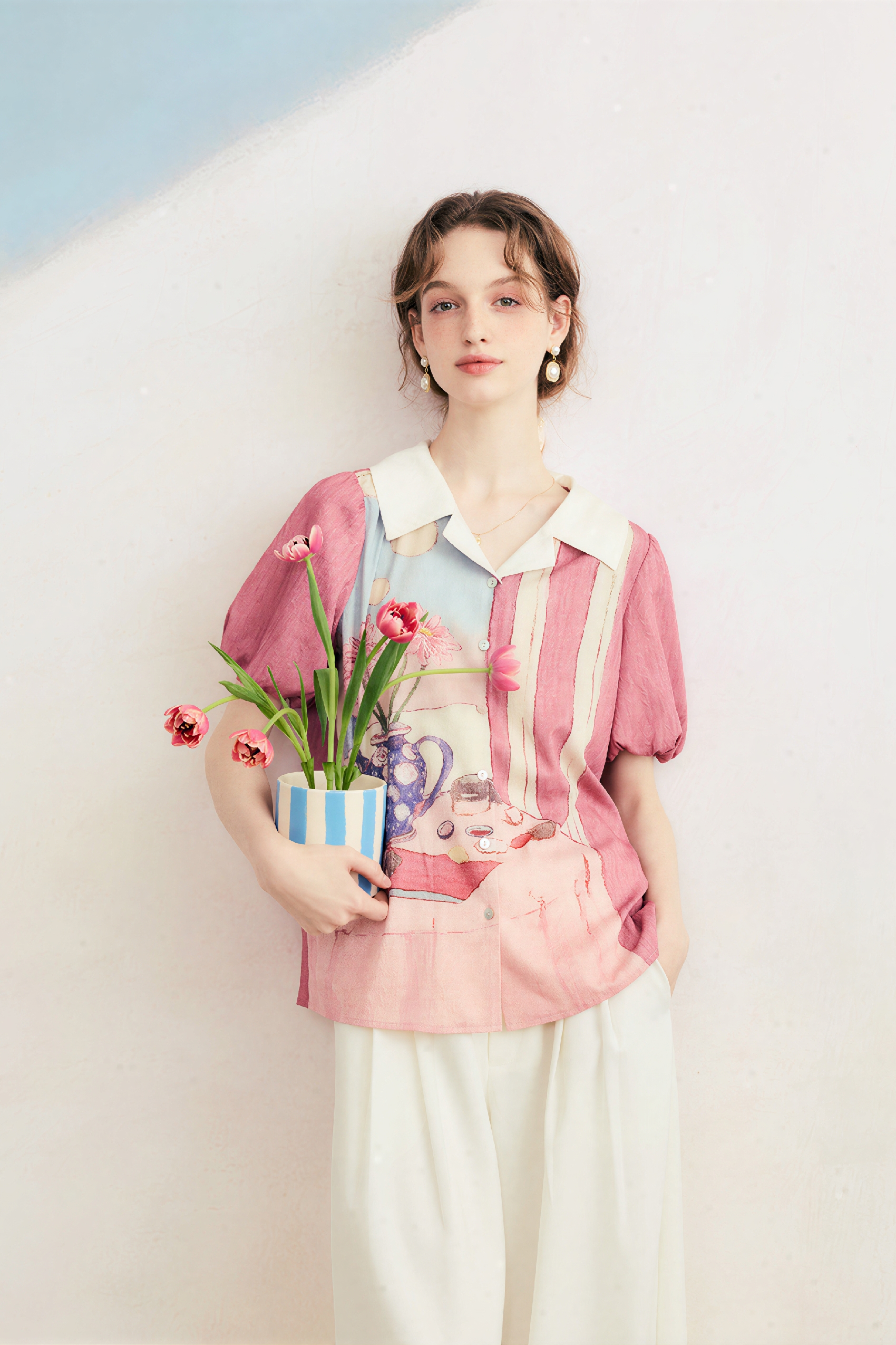 Pink Oil-Paint Printed French Shirt