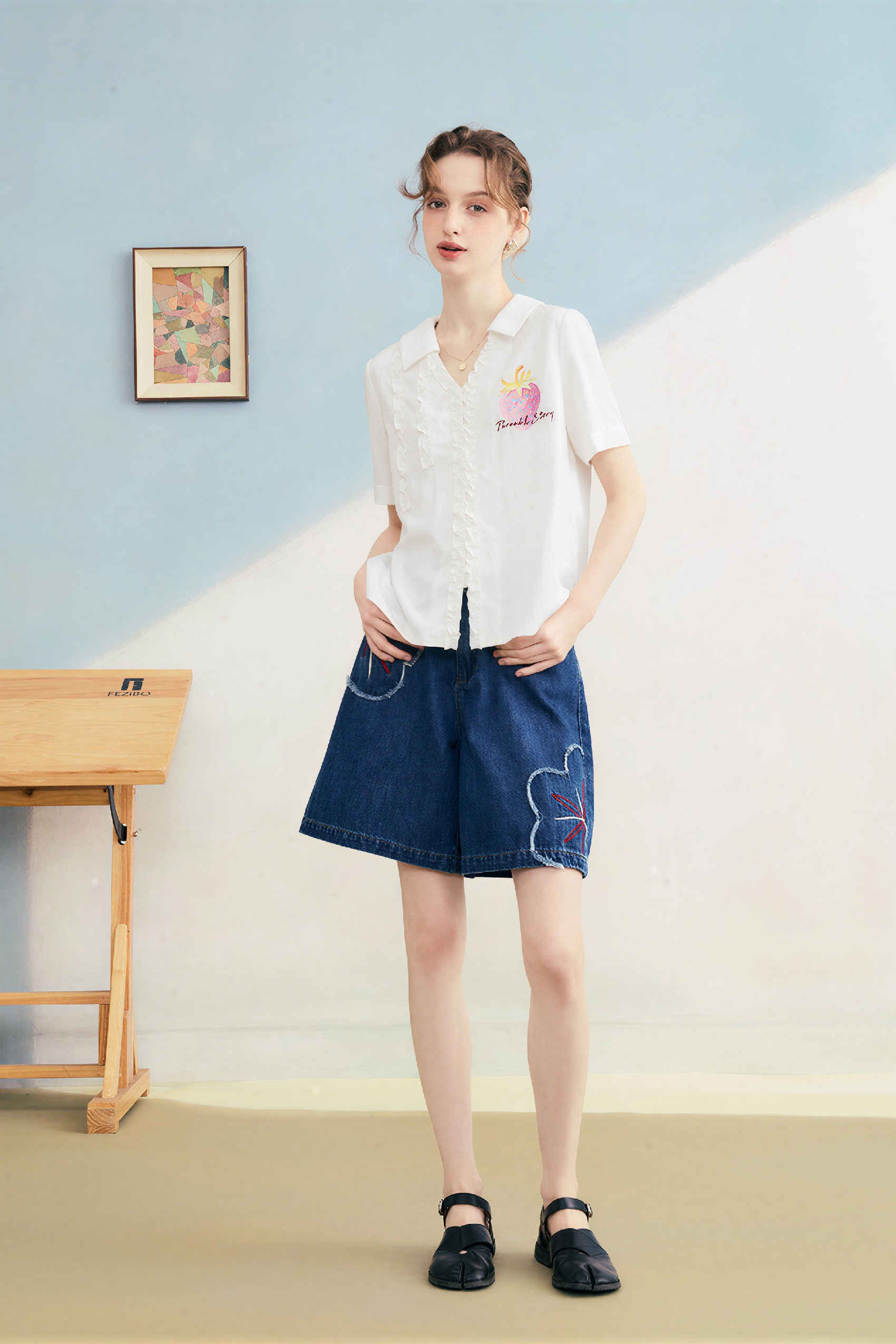 White Printed Ruffle-Edge Short Sleeve Shirt