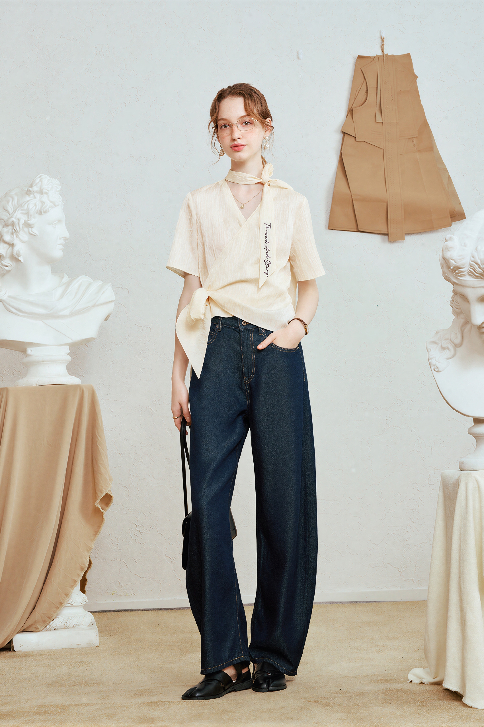 V-Neck Embroidered Tie Detail Shirt-LYONSENS