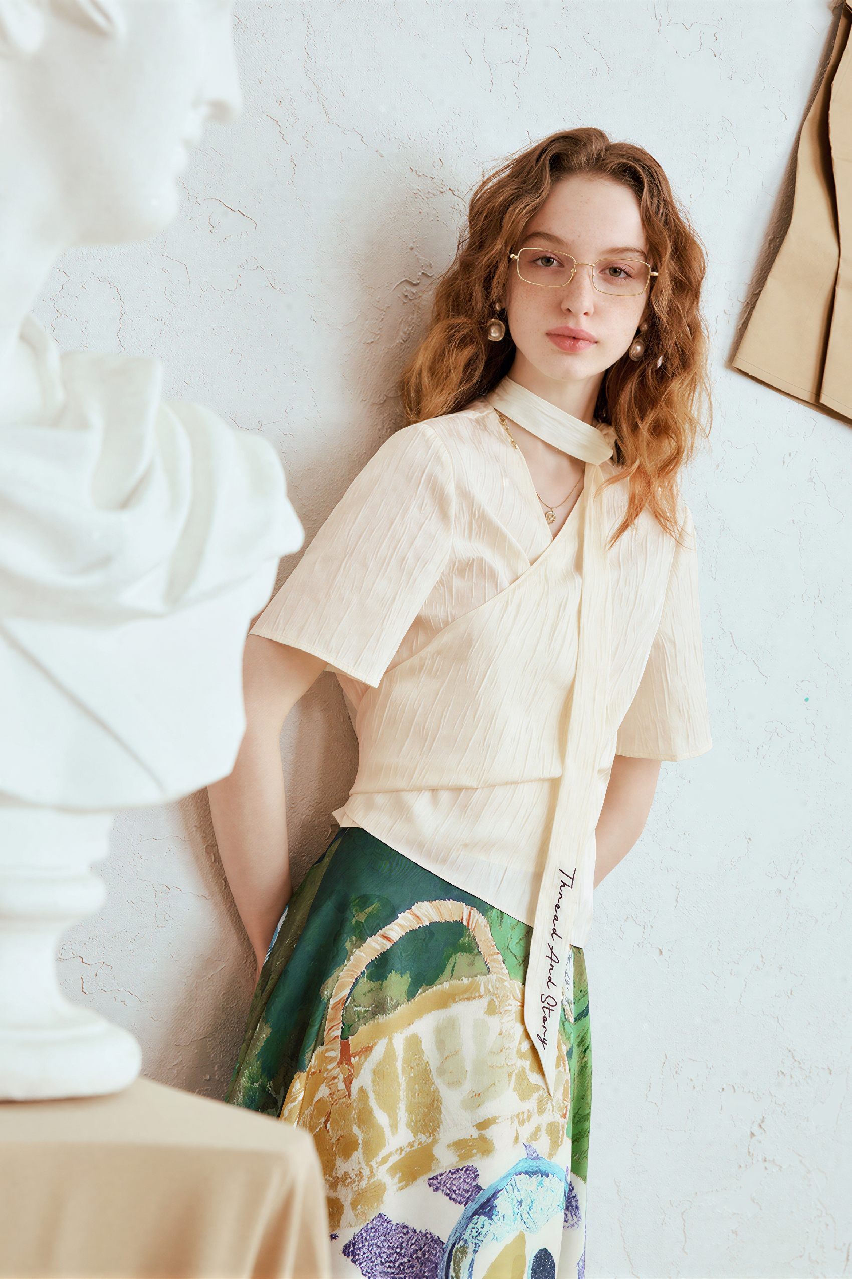 V-Neck Embroidered Tie Detail Shirt-LYONSENS