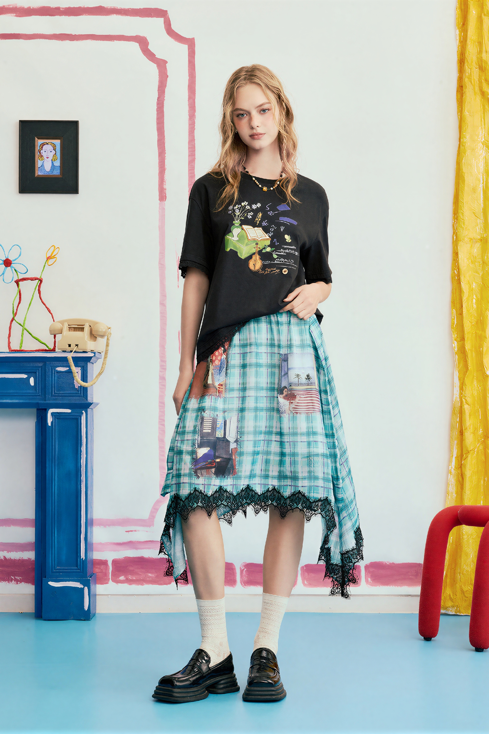 High-Waisted Printed Plaid Skirt