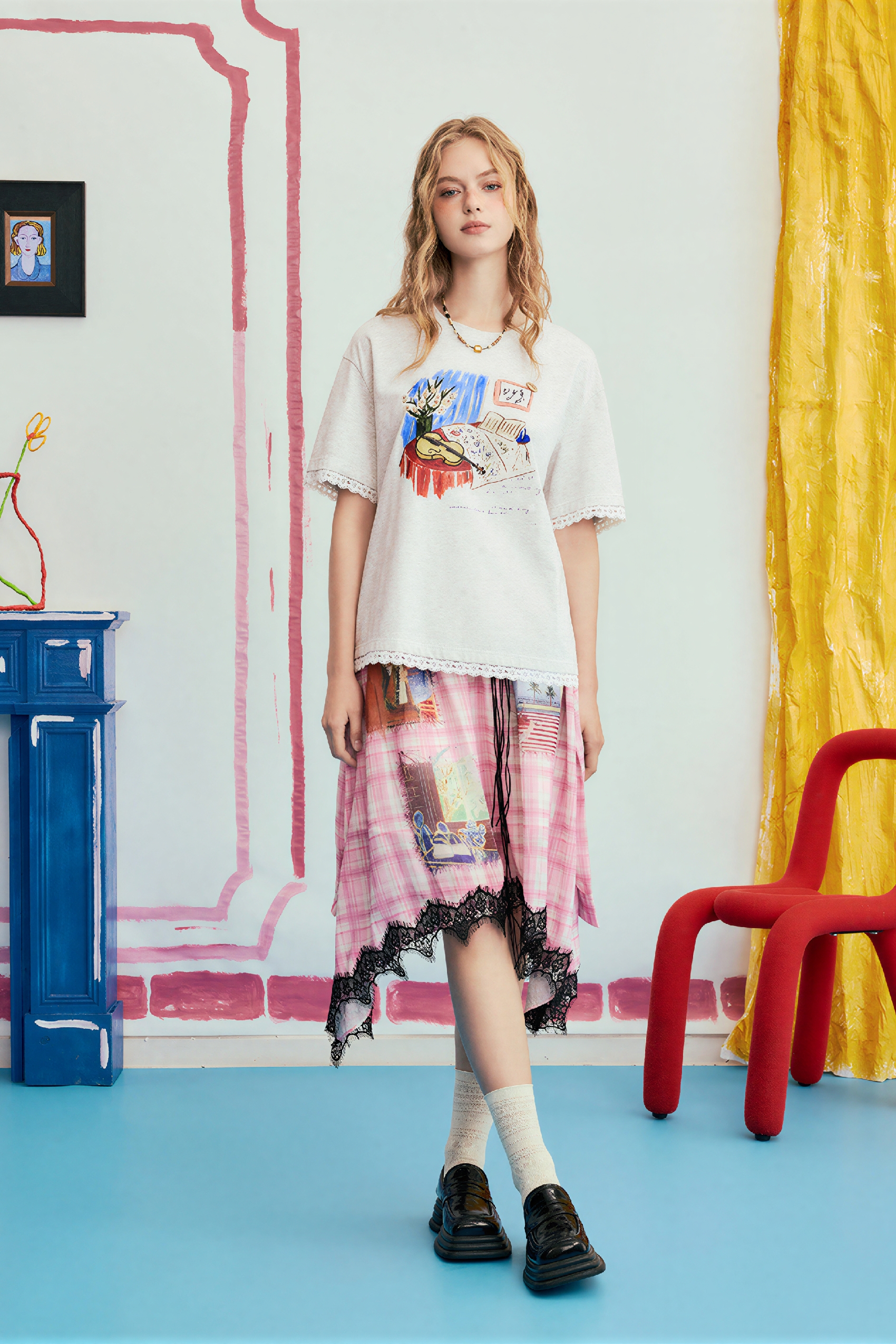 High-Waisted Printed Plaid Skirt