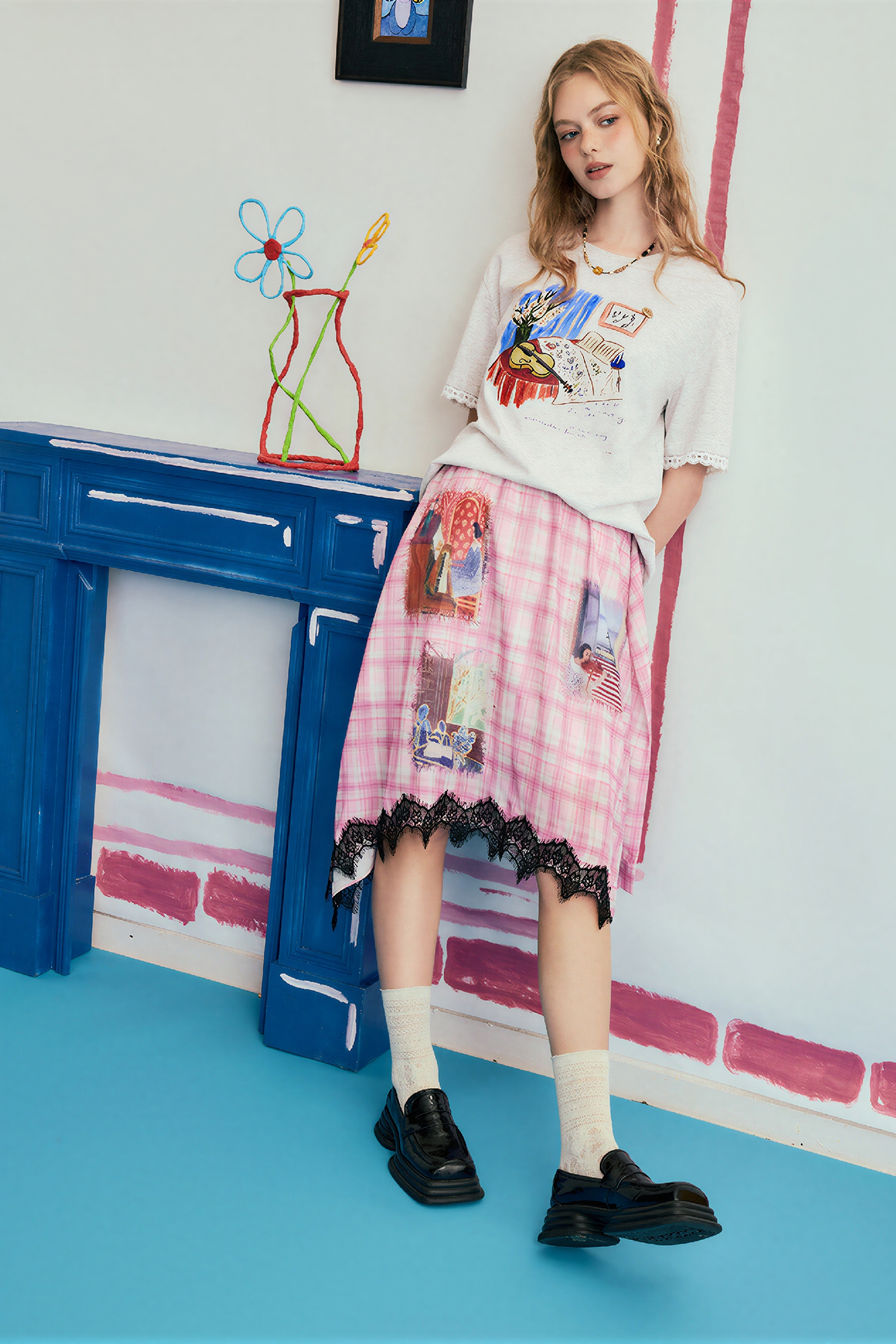 High-Waisted Printed Plaid Skirt