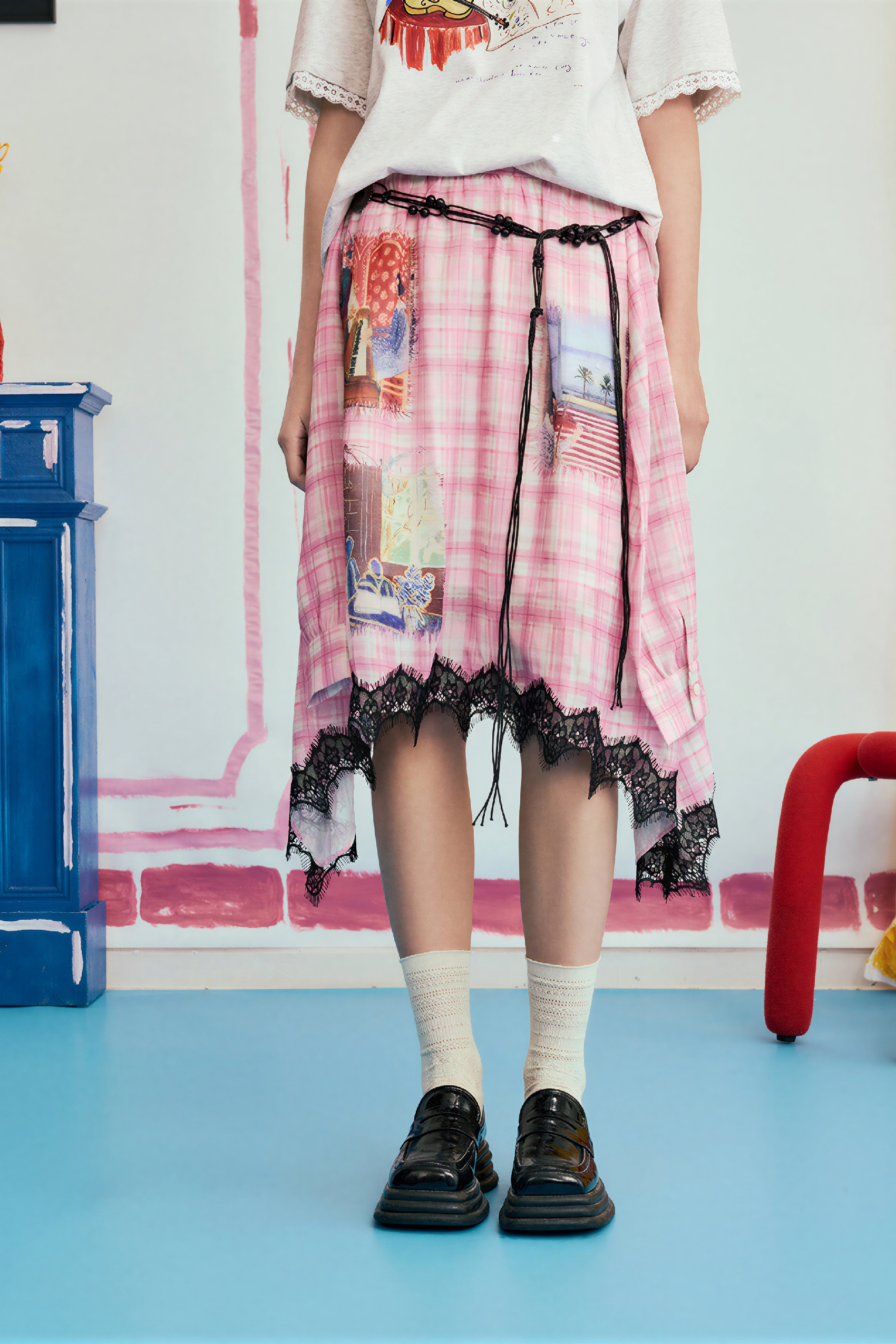 High-Waisted Printed Plaid Skirt