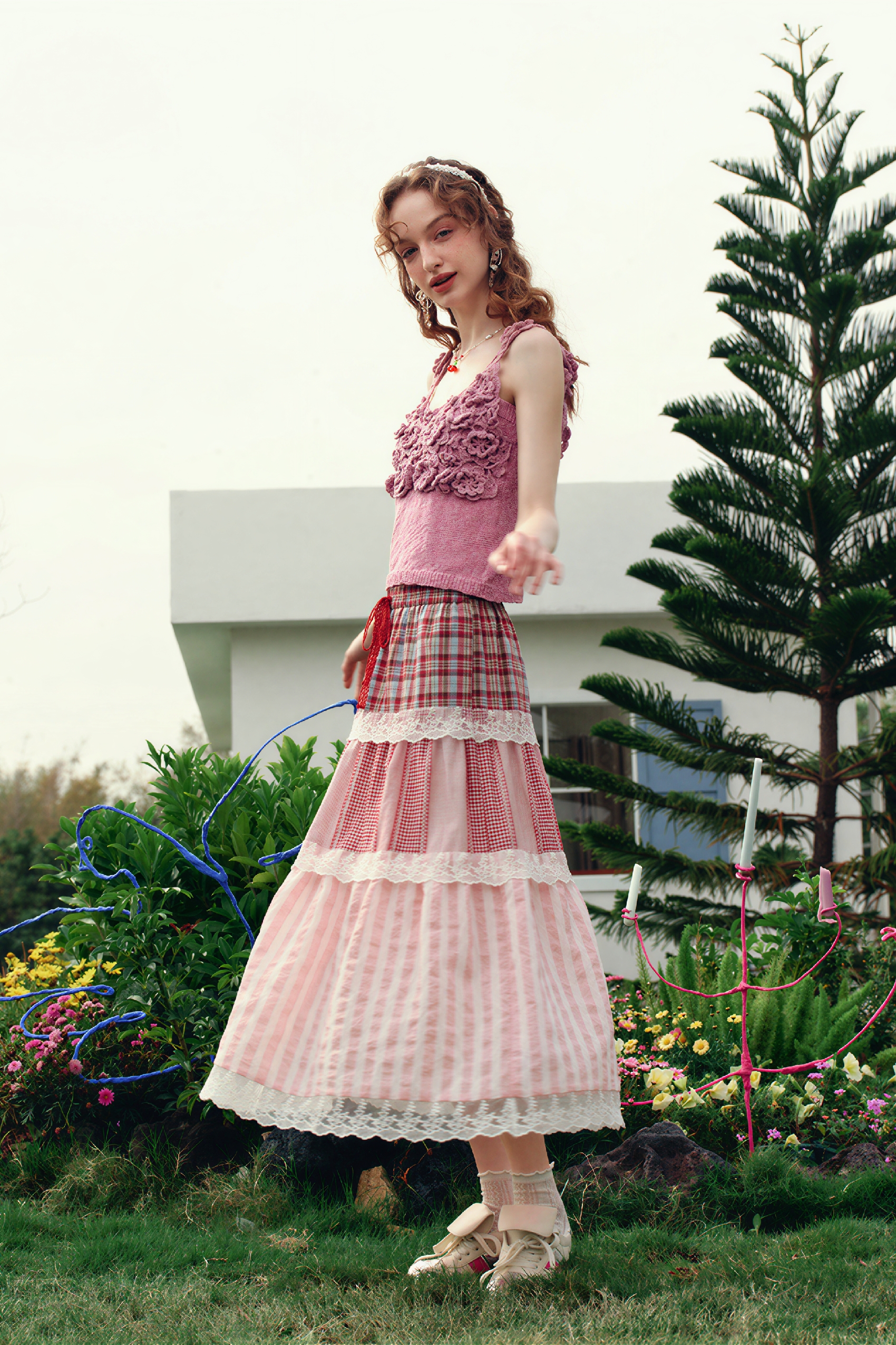 Blue Vintage Lace Plaid Skirt