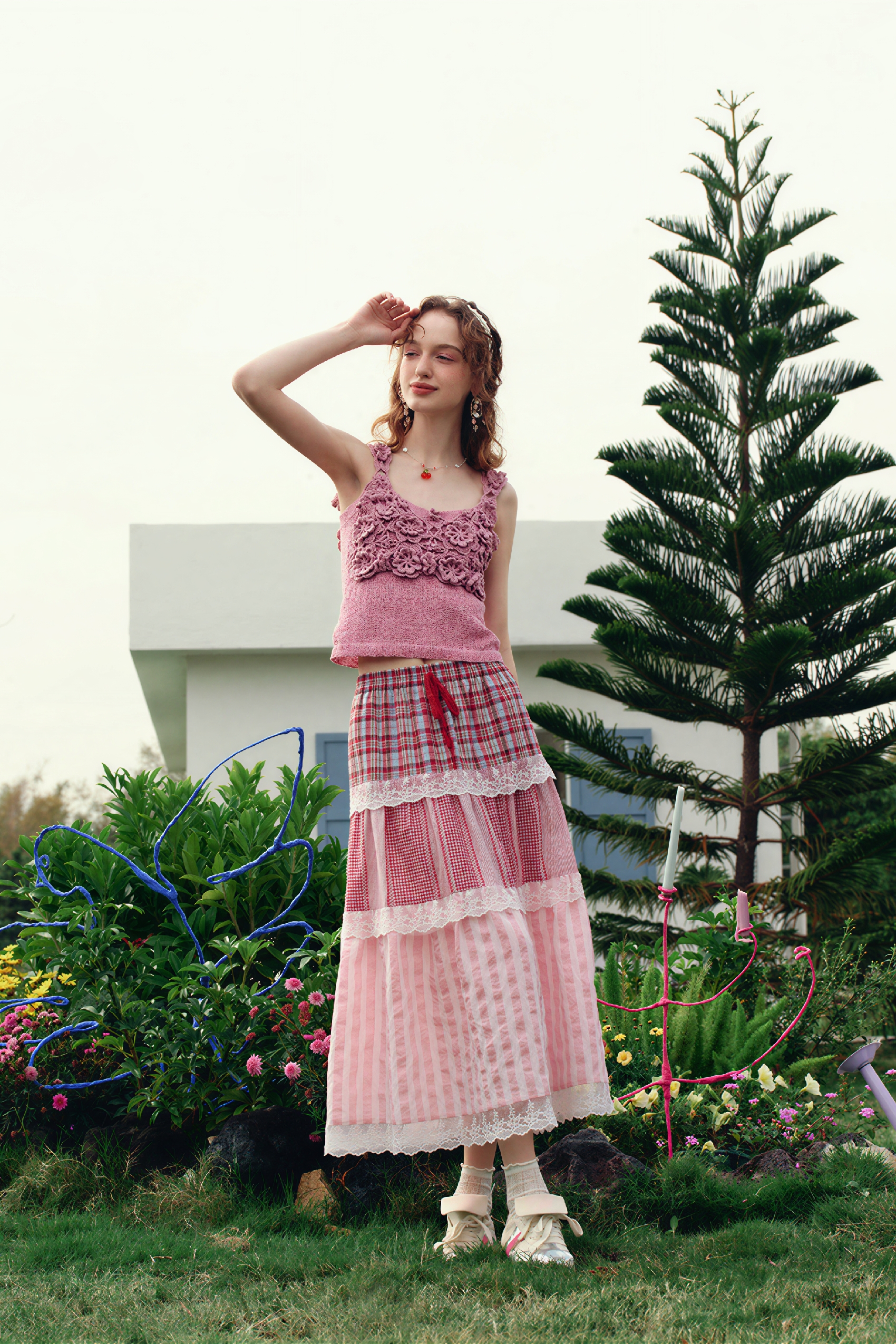 Blue Vintage Lace Plaid Skirt