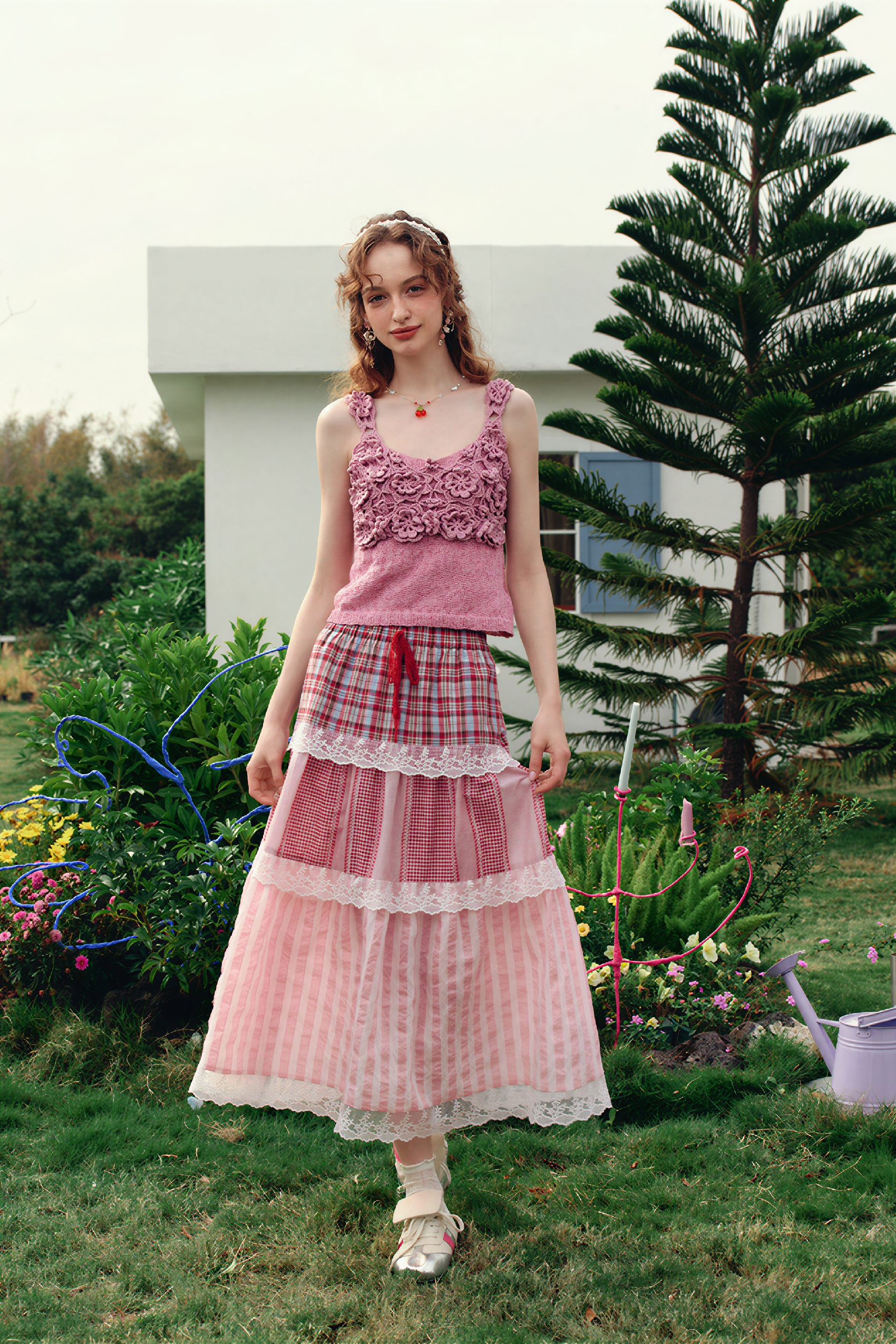 Blue Vintage Lace Plaid Skirt