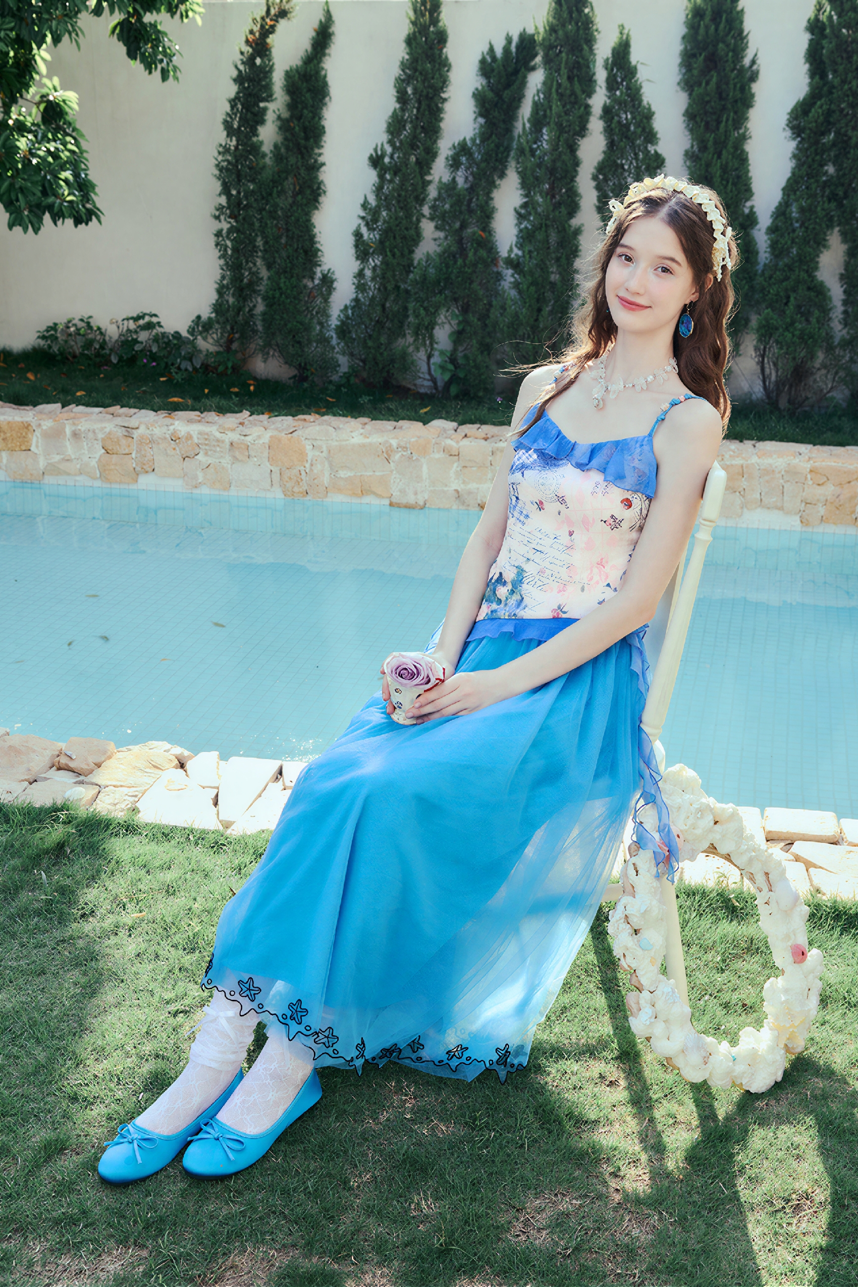 High-Waisted A-Line Embroidered Skirt