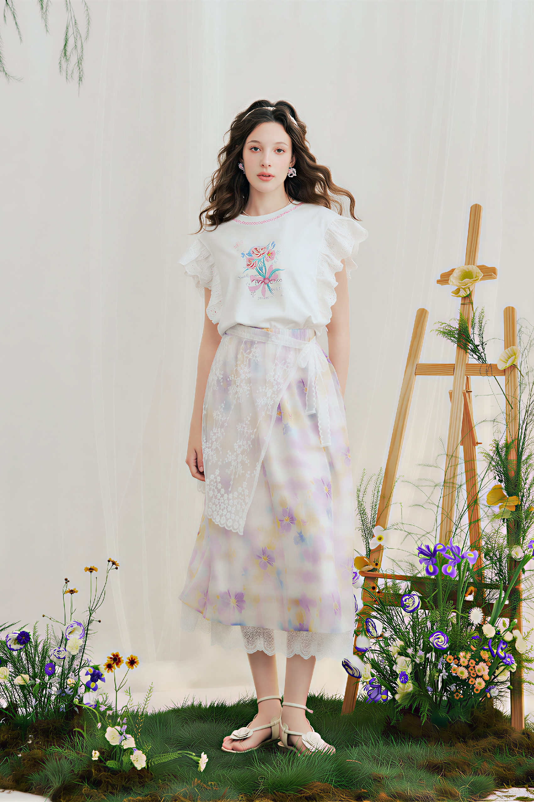 Lace Printed Tie-Waist Skirt