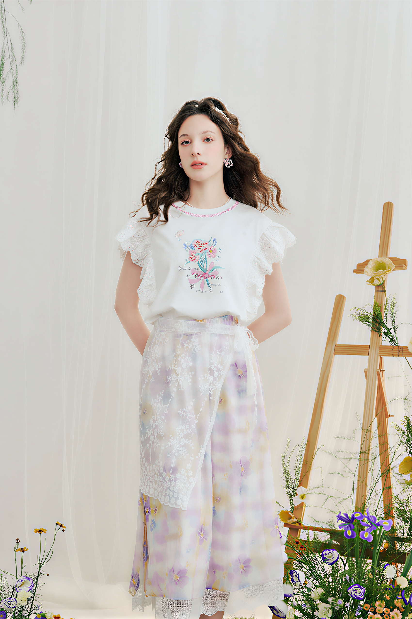 Lace Printed Tie-Waist Skirt