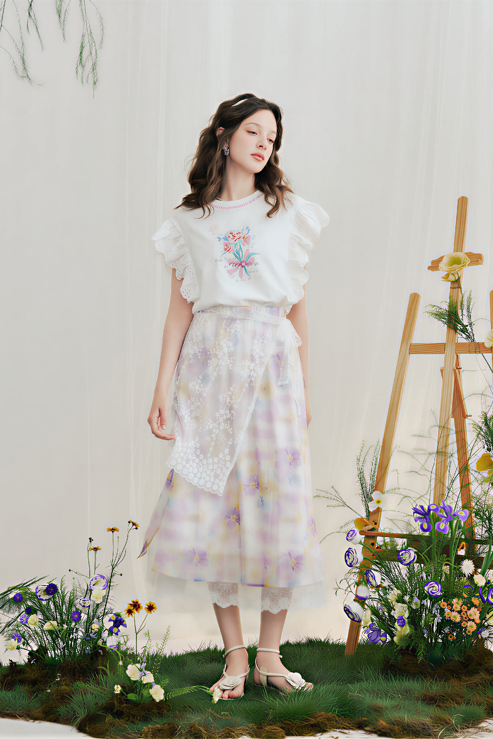 Lace Printed Tie-Waist Skirt