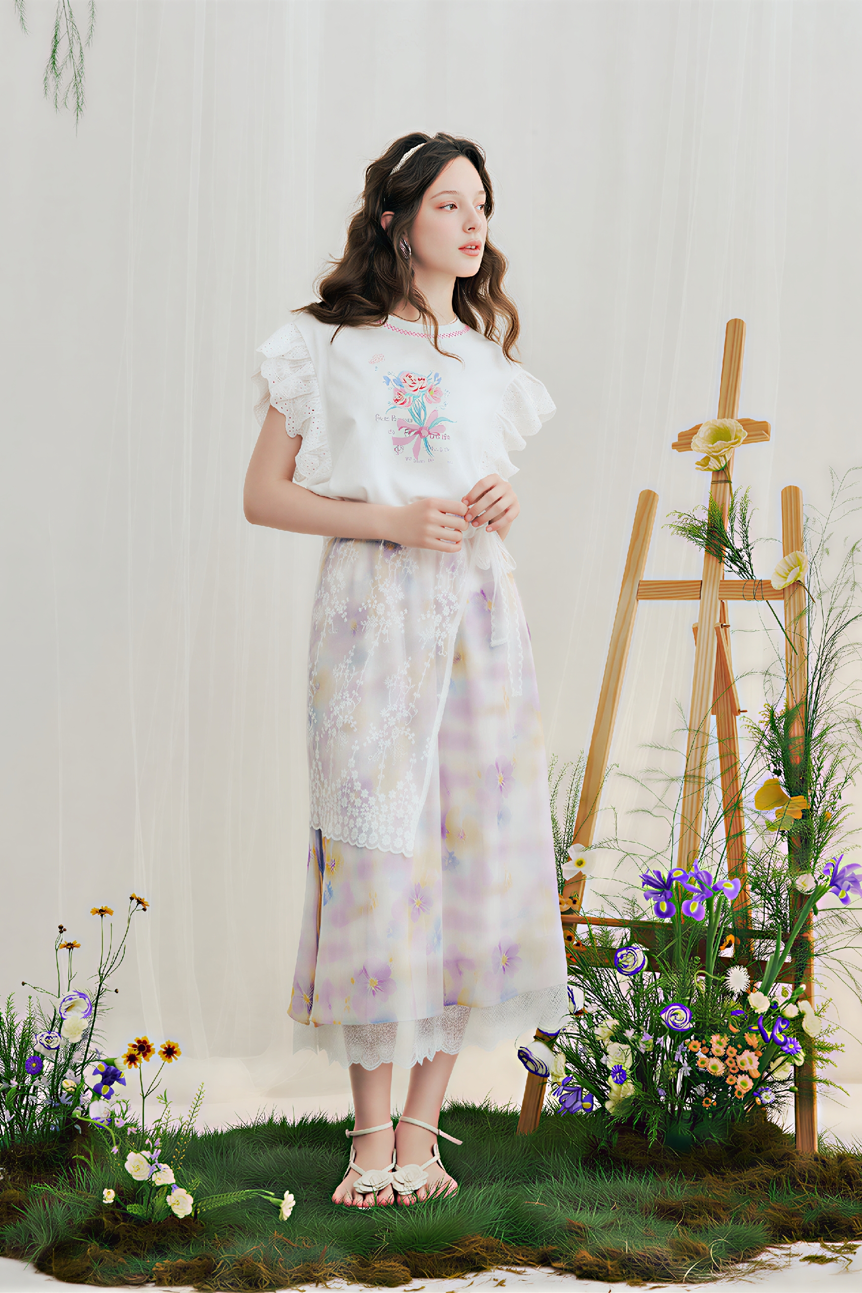 Lace Printed Tie-Waist Skirt