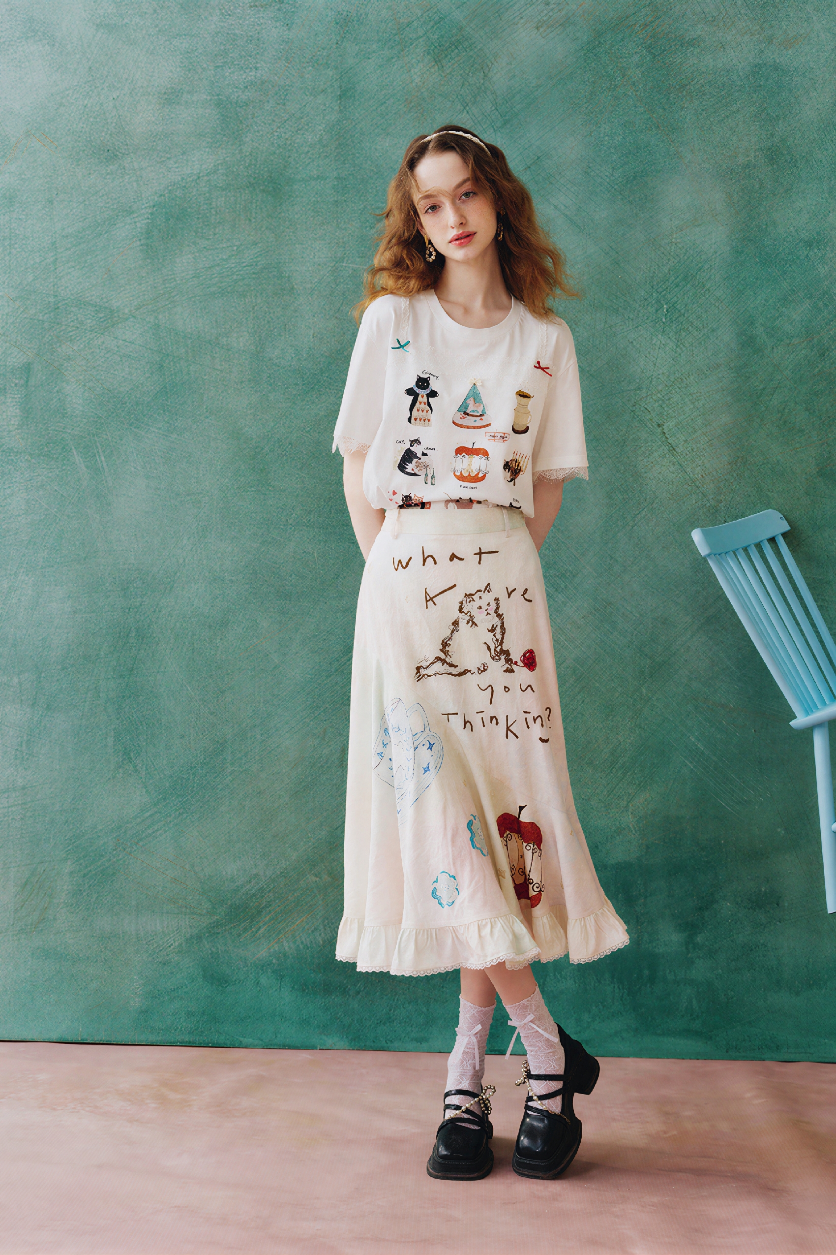 White Relaxed-Fit Printed Ruffle Skirt