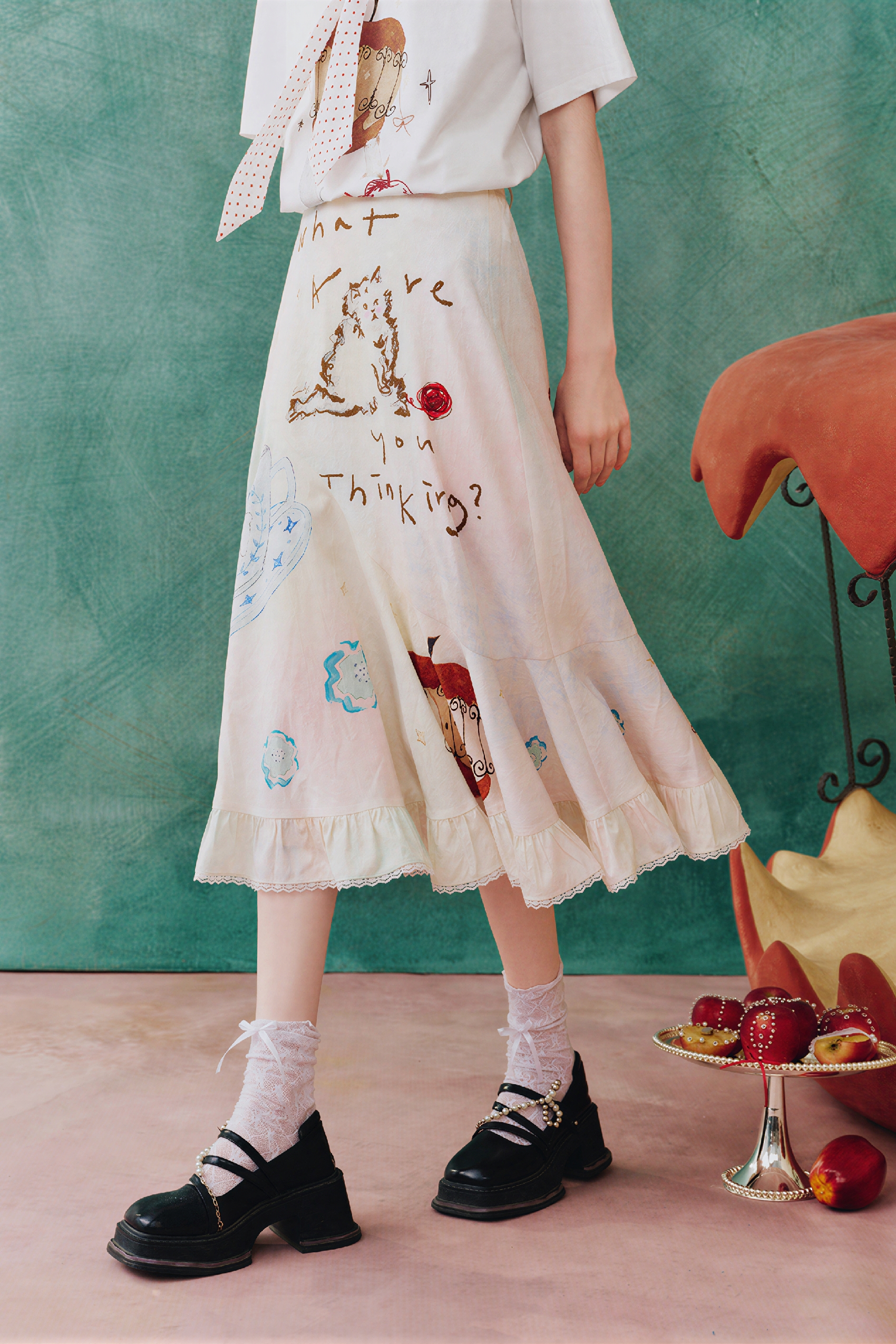 White Relaxed-Fit Printed Ruffle Skirt