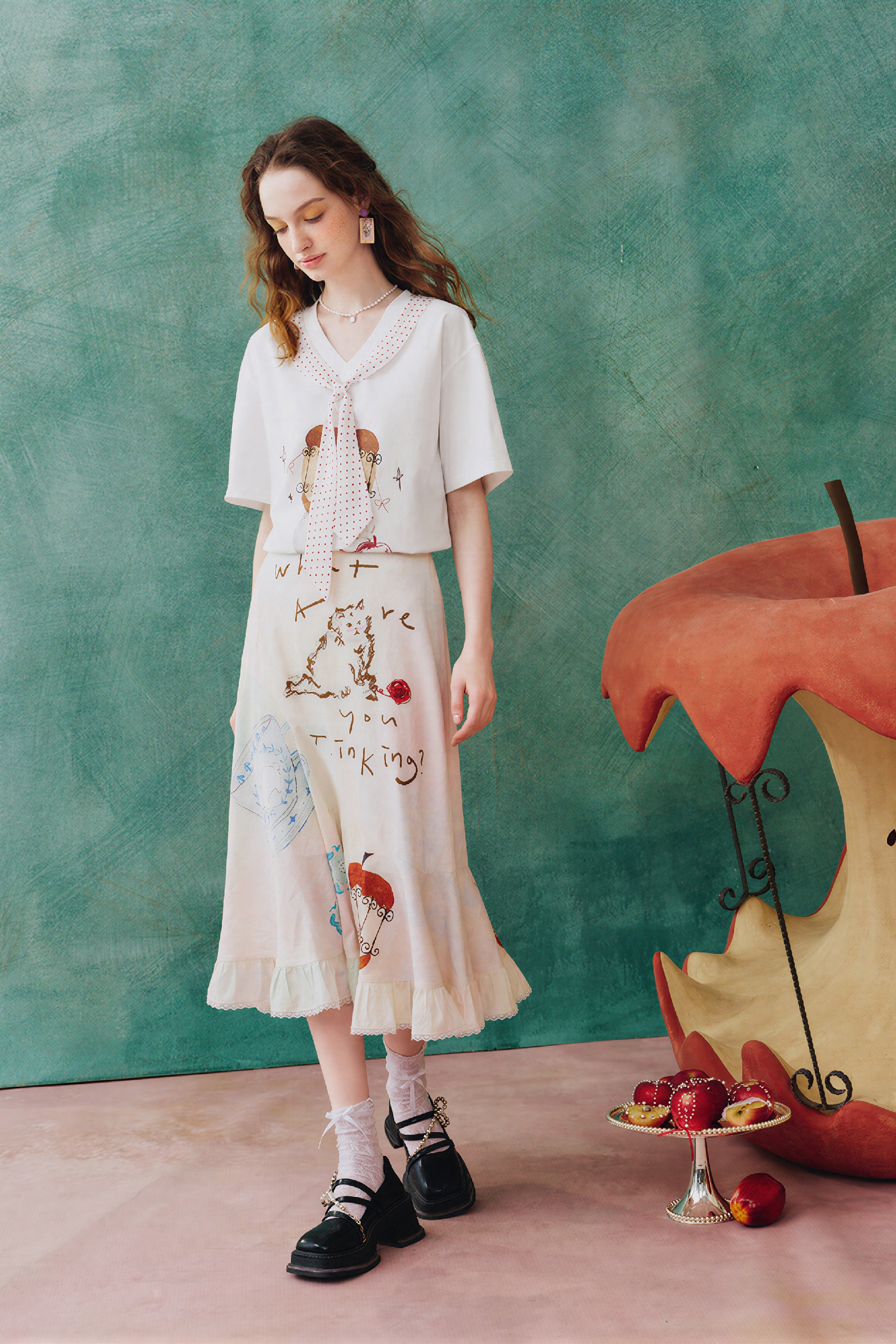 White Relaxed-Fit Printed Ruffle Skirt