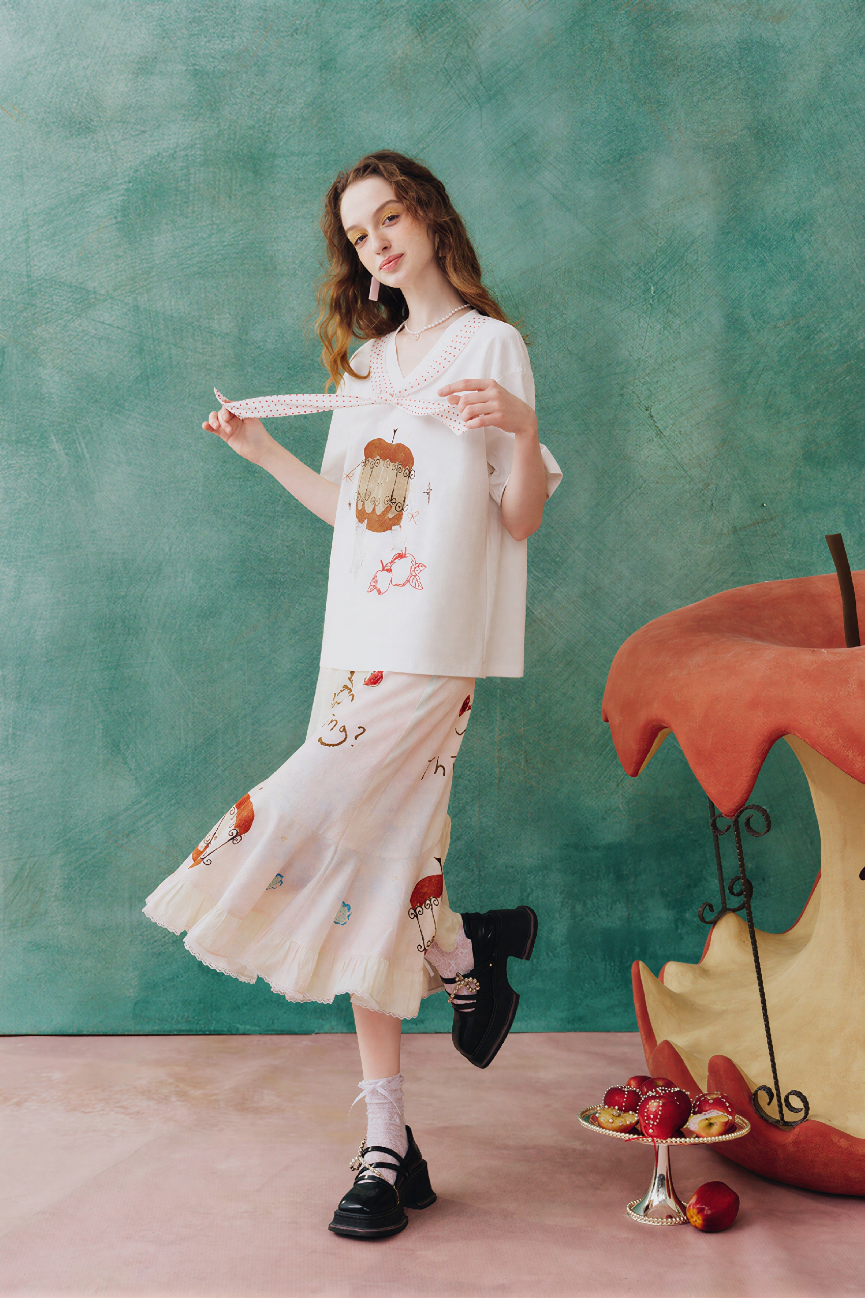 White Relaxed-Fit Printed Ruffle Skirt