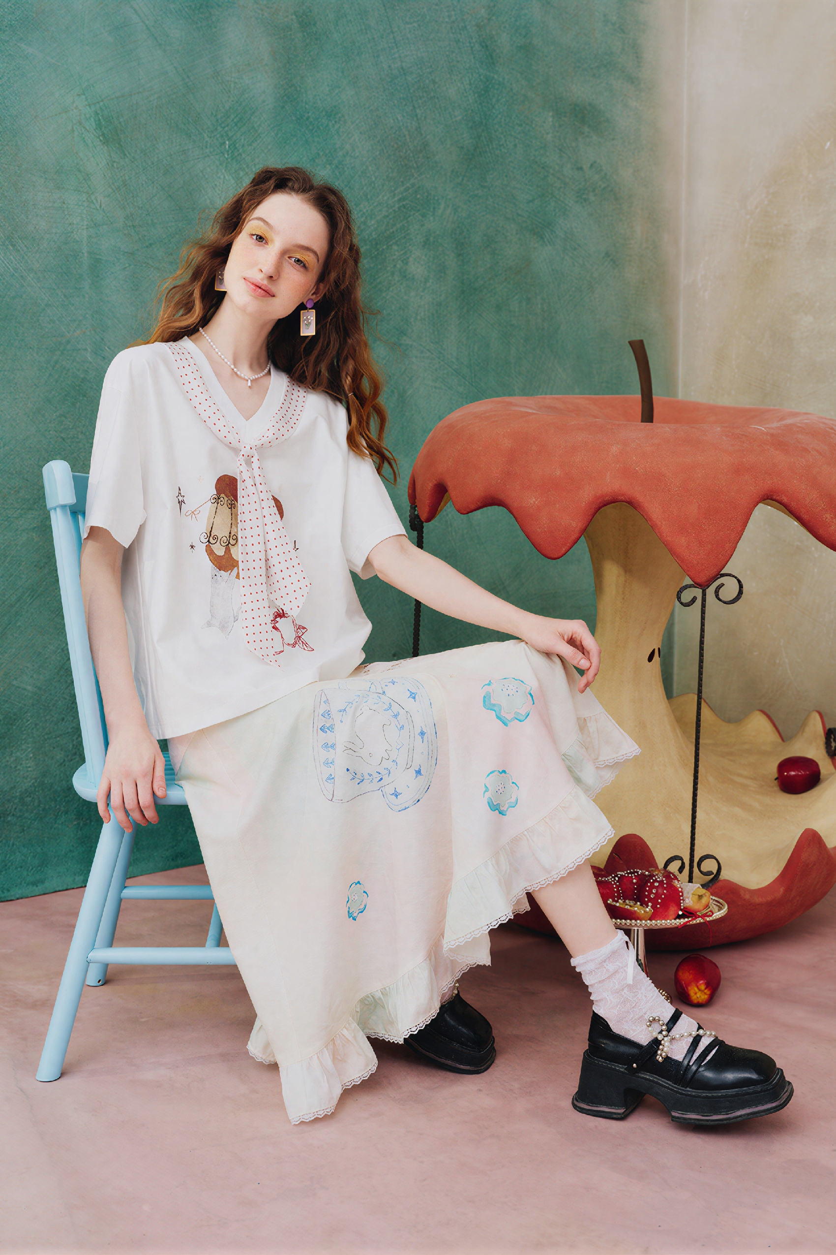 White Relaxed-Fit Printed Ruffle Skirt