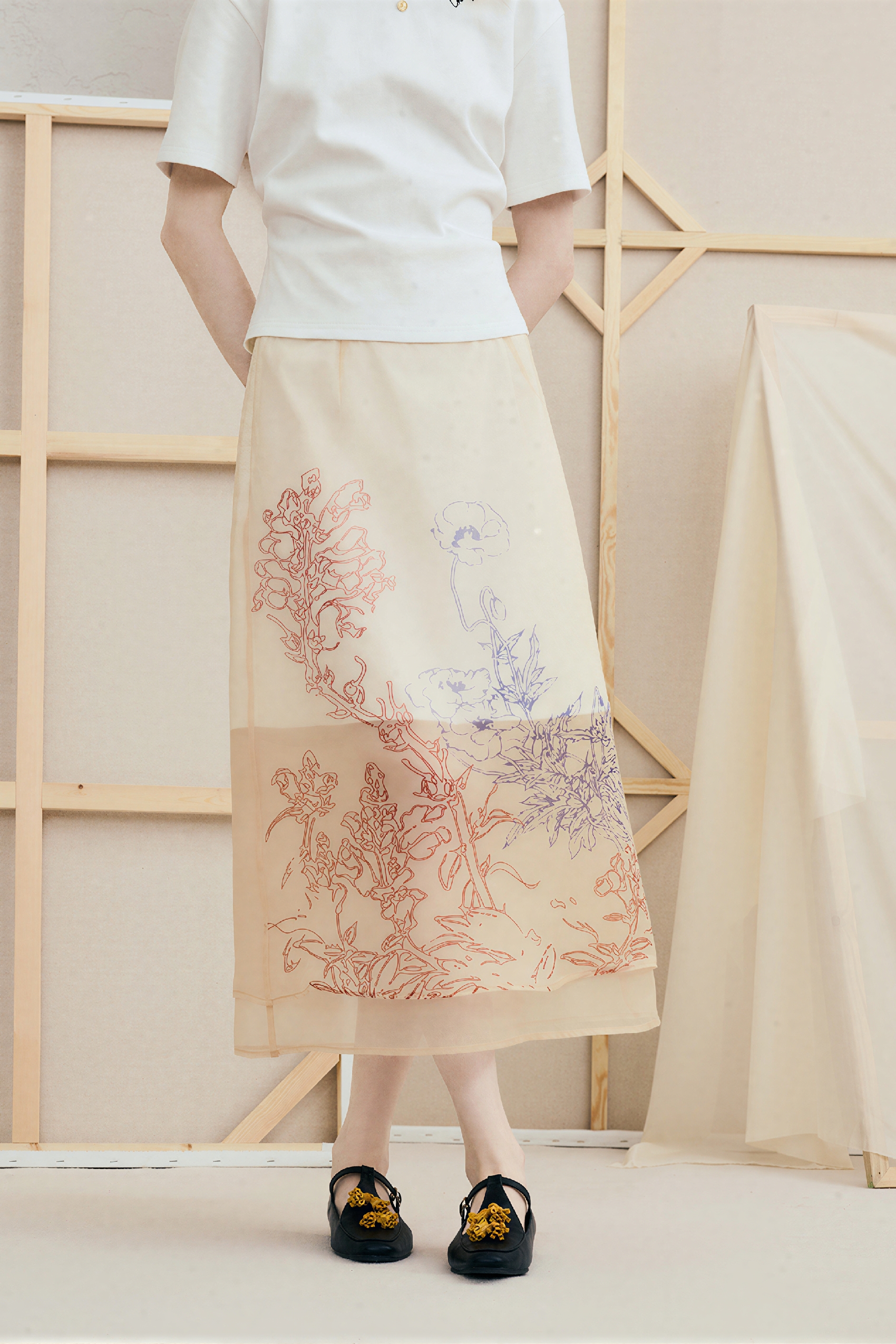 Printed A-Line Midi Tulle Skirt